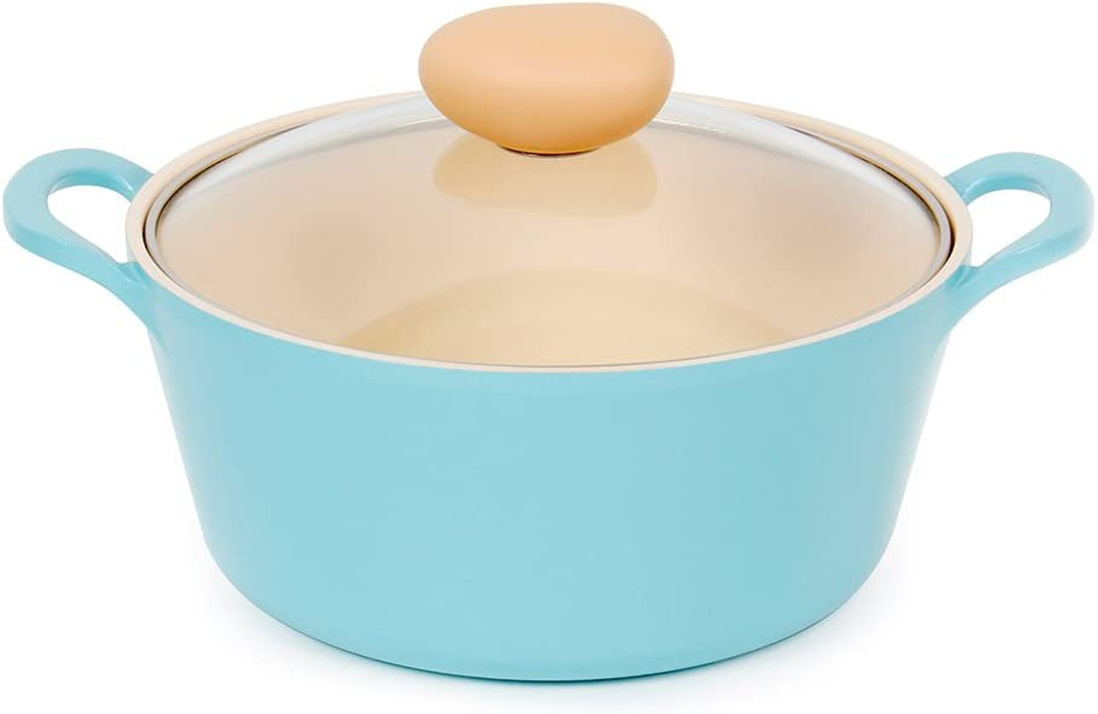 Neoflam Retro 5-Piece Ceramic Nonstick Cookware Set, PFOA Free Pots and Pans with Integrated Steam Vent Lid Knob Prevents Boil over and Heat Resistant Silicone Grips for Safer Cooking at Kitchen, Pink