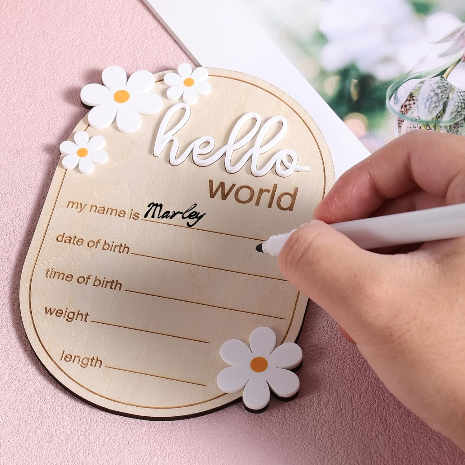 Baby Announcement Sign, 5.91X4.13 Inch Wooden Newborn Announcement Sign Hello World Newborn Sign Baby Name Sign Birth Announcement Sign for Hospital Nursery image number 1