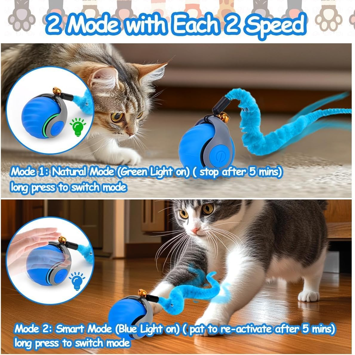 APEXORIGIN 2 PCS Interactive Cat Toy Ball, Automatic Cat Toys for Indoor Cats - Speedy Kitten Toys for Indoor Cats with Feather Tails for Chasing, Two Modes & One-Click Switching (Blue and Orange) image number 2
