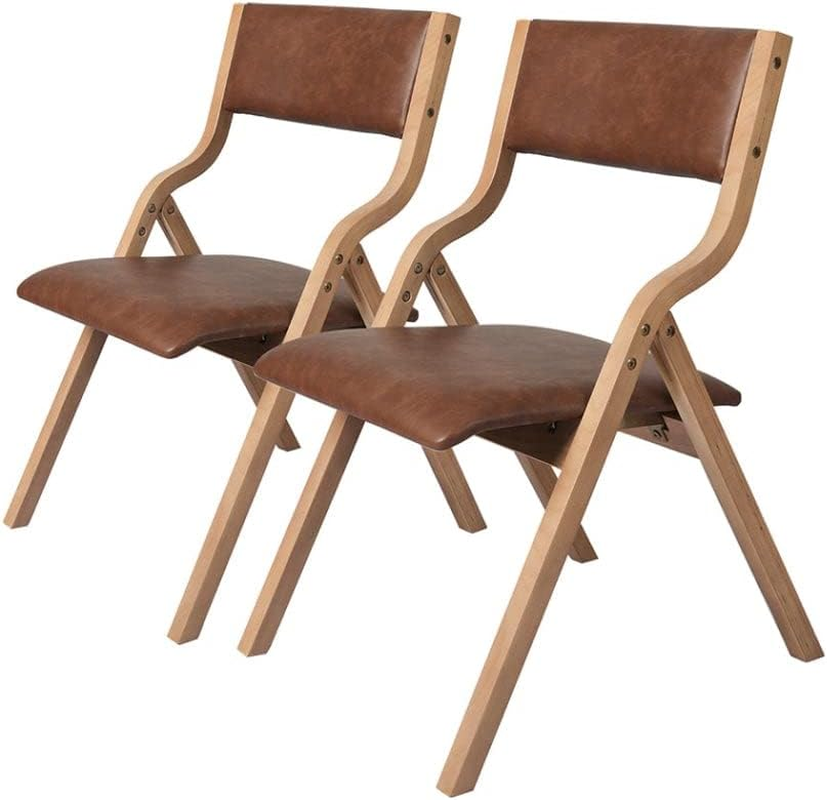 LEVEDE Set of 2 Folding Chairs, Full Assembly Dining Chairs, Solid Wood Frame Reading Seat, PU Leather Casual Chairs for Living Room, Cafe, Dining Room, Camping, Load up to 150Kg (Beige)