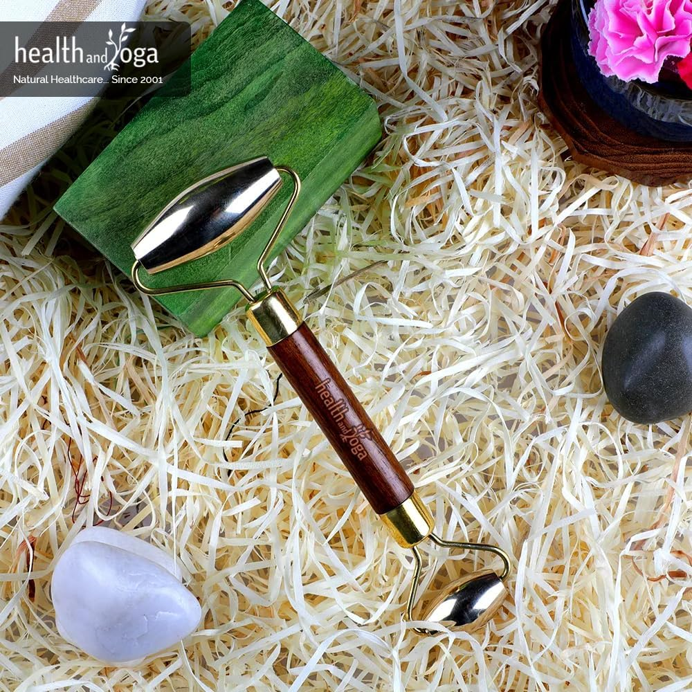 Healthandyoga Bronzroll Kansa Face Roller Fine Wood Grip with Beauty Face Oil - Premium Luster Restoring and Skin Stimulation and Detox Tool - Gentle Soft Tissue Massage Ayurvedic Toning image number 3