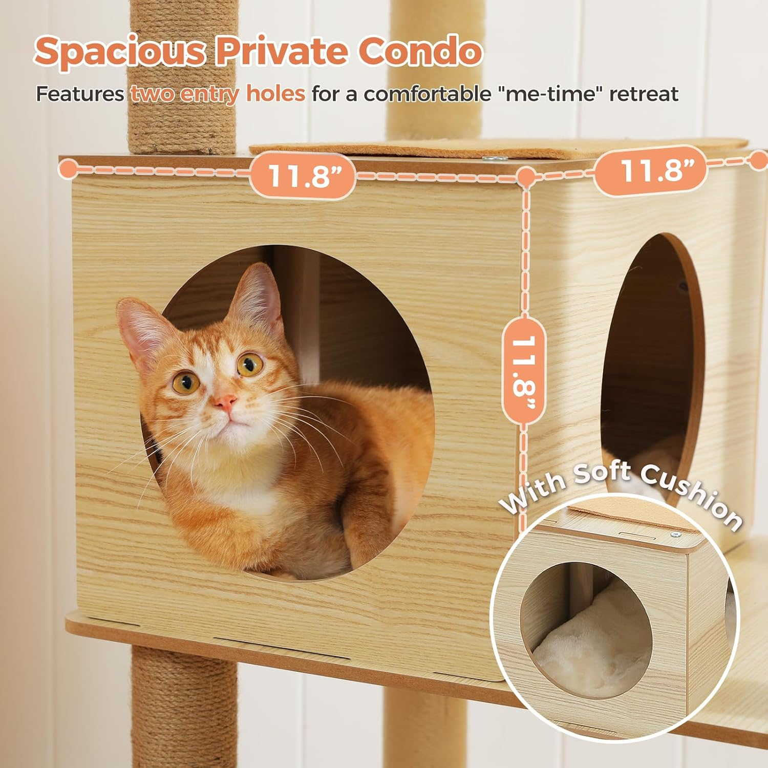 PAWZ Road Cat Tree, 180Cm Wood Large Cat Tower with 2 Acrylic Nests, 10 Sisal Covered Scratching Posts, Condo House and Spacious Top Perch for Large Cats image number 3