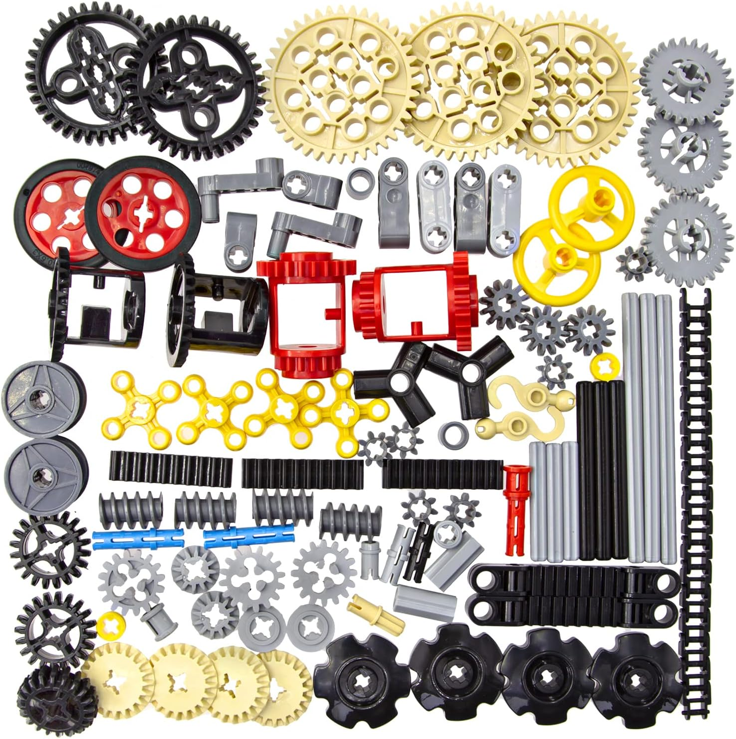 TEESE 116Pcs Gears-Axles-Pins-Connectors-Wheels-Differential-Tires-Chain-Steering-Wheel-String-Reel-Hook, Compatible with Technic-Parts, for Stem-Moc-Ev3-Project-Track-Car-Bulk-Blocks (Random Color)