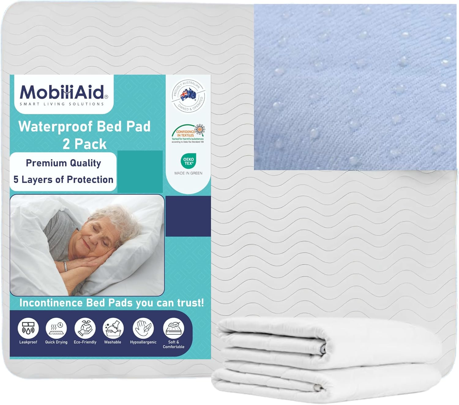 Mobiliaid Waterproof Bed Pad - Premium 5Layer Protection - 132X86Cm Non-Slip Reusable Bed Wetting/Incontinence Pads - Waterproof Mattress Protector - Machine Washable - Breathable Maximum Comfort (2) image number 4