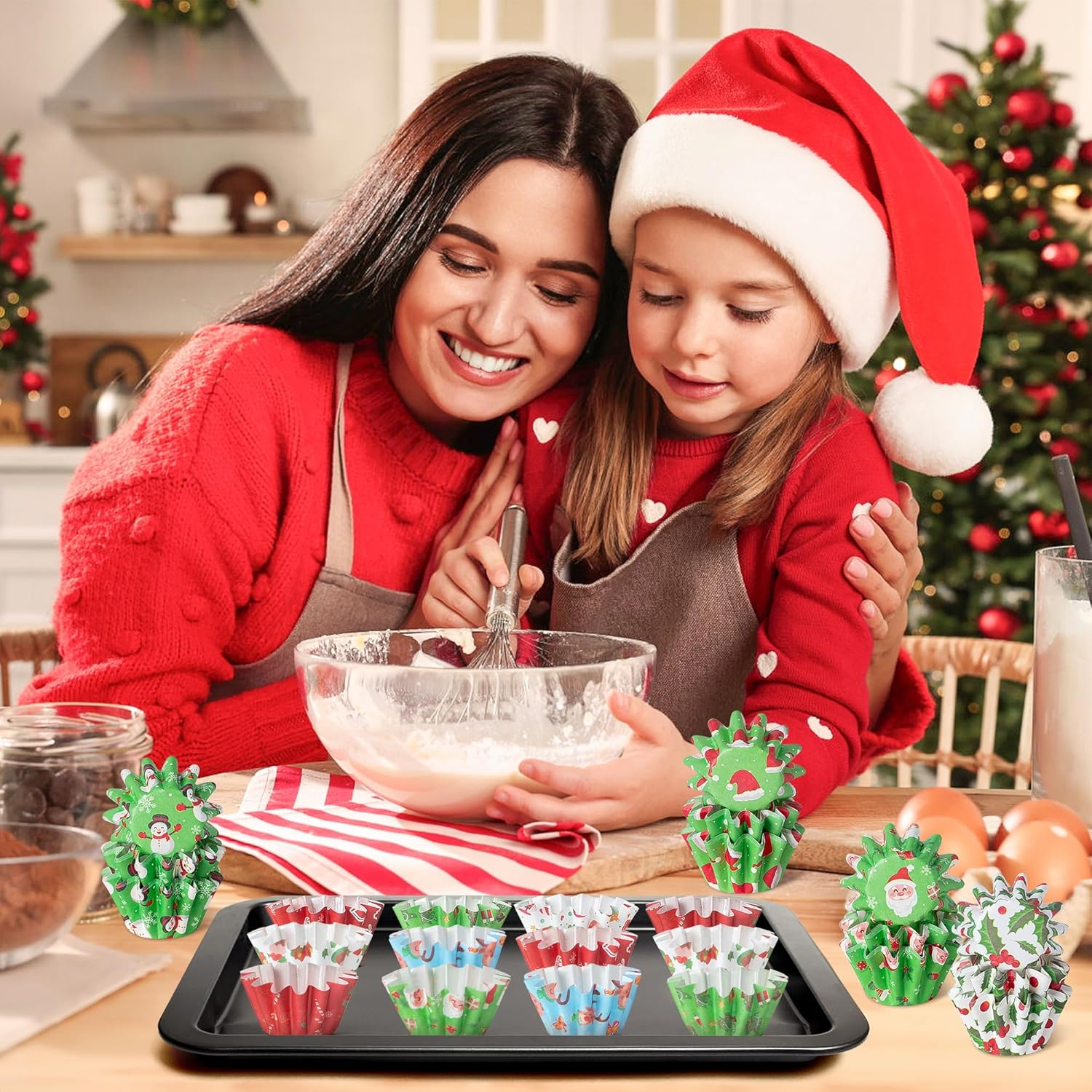 Cocnny Christmas Mini Cupcake Liners - 200Pcs Xmas Small Baking Cups Muffin Cupcakes Wrapper, Santa Snowman Disposable Grease-Resistant Cake Candy Making Wrap Paper for Christmas Eve Party (10 Styles) image number 1