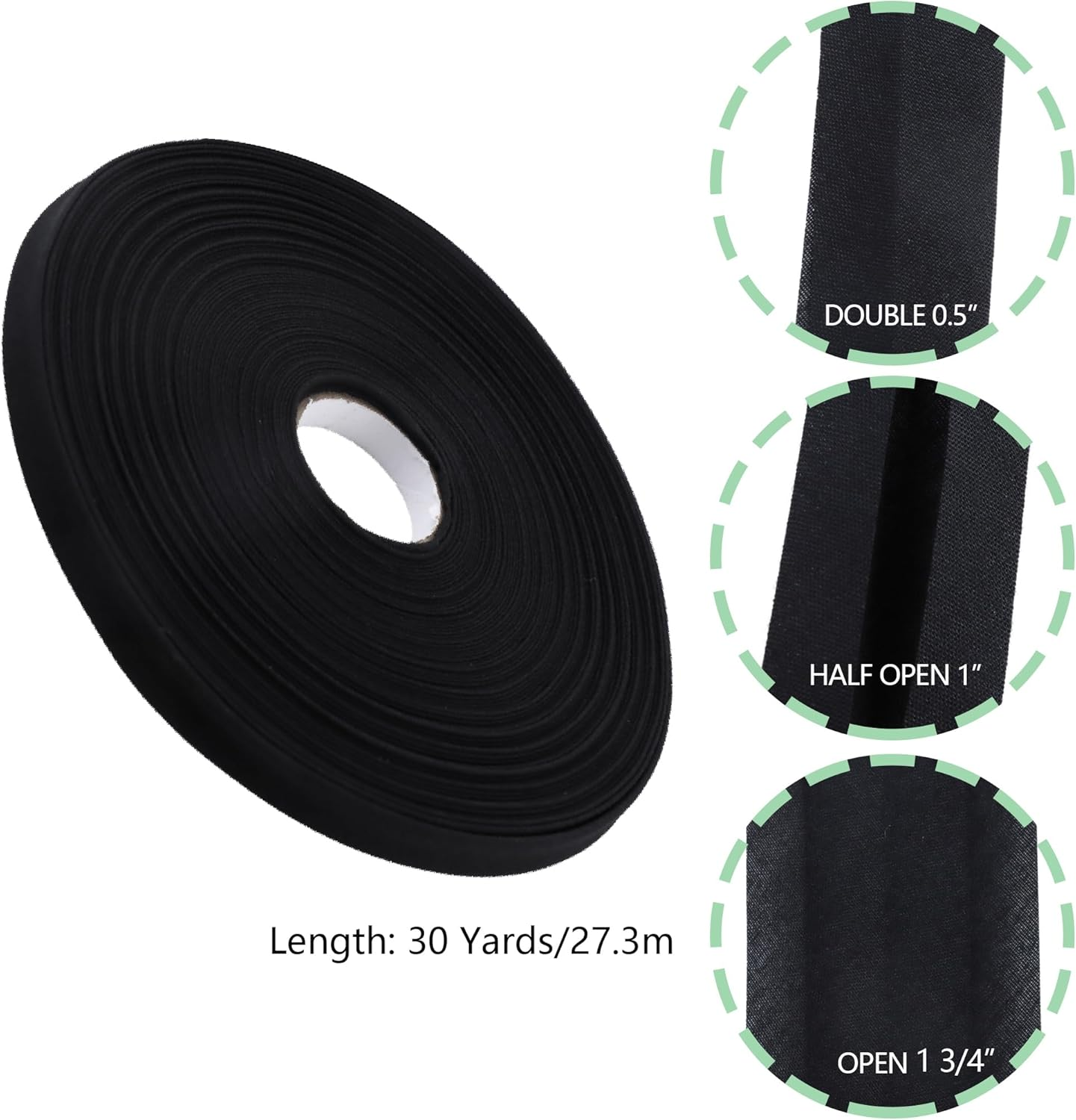 1/2 Inch Double Fold Bias Tape, 30 Yards Bias Binding Tape Fabric Tape for Sewing Piping Hemming Quilting Seaming(Black) image number 2
