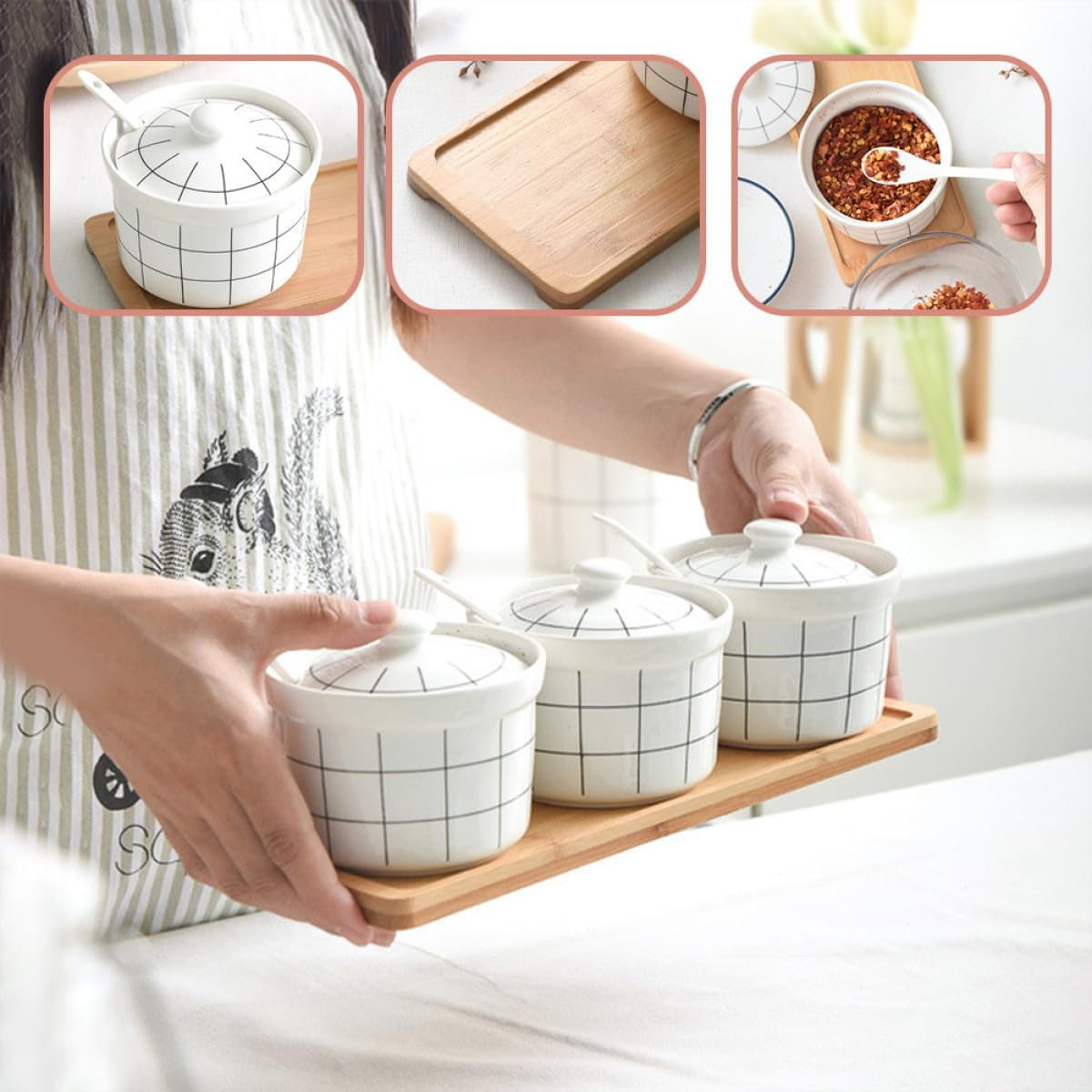 Happyyami Ceramic Salt Jar Spice Storage Jars Condiment Box Set with 3 Spoons Bamboo Lid Kitchen Seasoning Canisters for Home Cooking and Dining image number 4