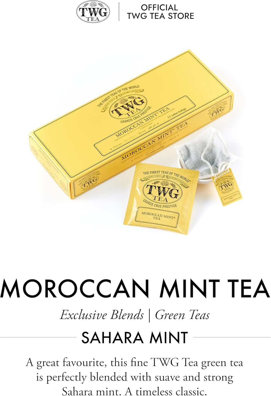 TWG Tea | Moroccan Mint Tea | Green Tea | Spearmint Leaves | 15 Hand Sewn Cotton Teabags | Gift Set