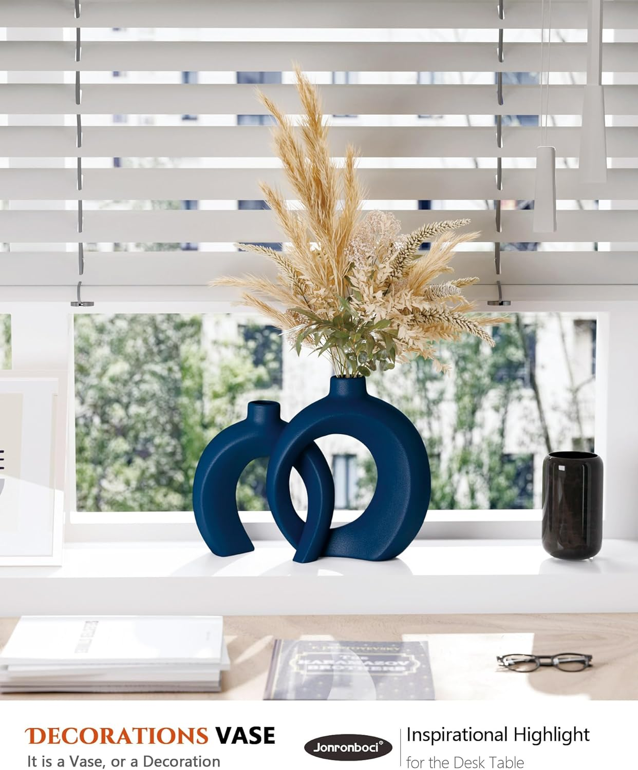 Matte Ceramic Blue Vase Set of 2 - Snuggle Hollow Navy Blue Decor for Living Room, Vases Home Decor for Coffee Table Sofa Table Entrance Shelf or Console Fireplace Mantel Decor (Matte Navy Blue) - Matte Cream White image number 2