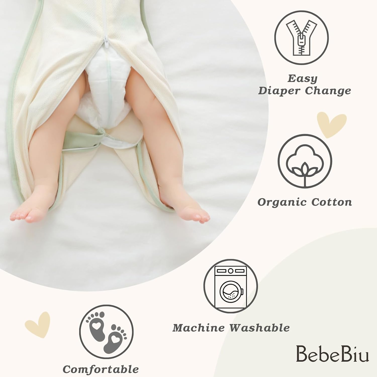 Bebebiu Baby Swaddle Sleeping Bag, 0.5 TOG, 2-Way Zipper, Breathable Mesh, Arms In/Out Design, 2-Pack (Sage/Ether, 6-9 Months) image number 3