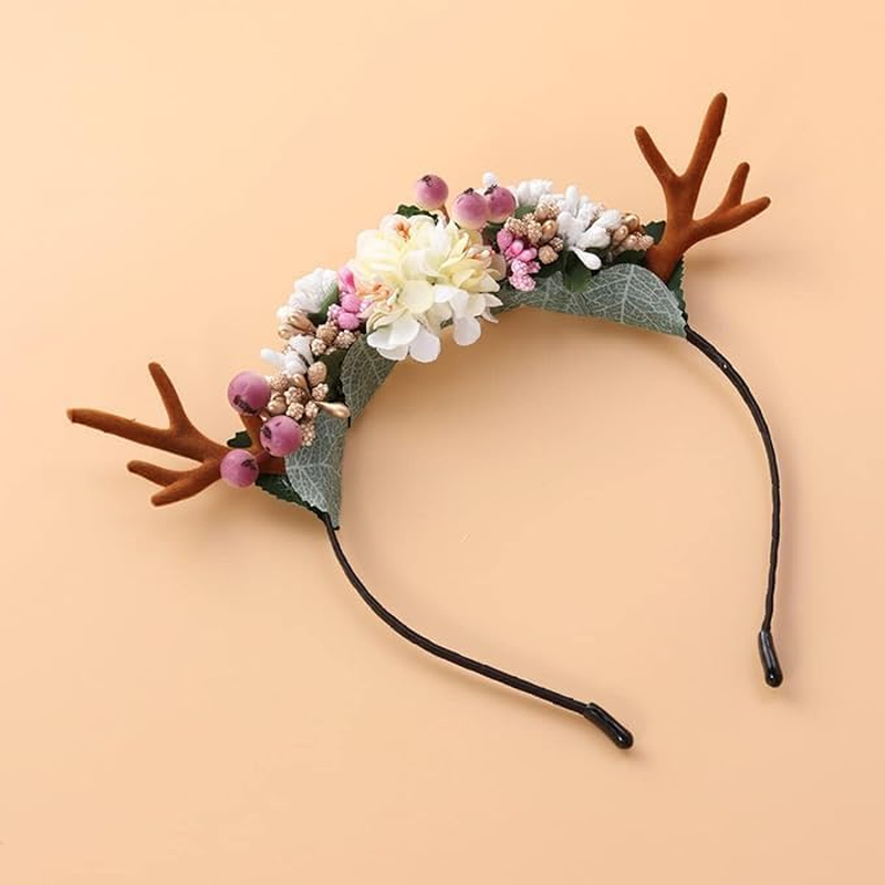 Christmas Headband Deer Antler Hair Hoop with Flowers Headpiece Headware for Girl Women Party image number 3