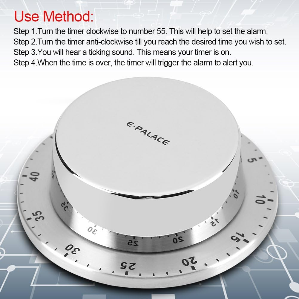 Mechanical Kitchen Timer 60 Minute Timing with Magnet Backing Loud Alarm Stainless Steel Body Mechanical Timer Home Cooking Baking Timer Silver(Silver)