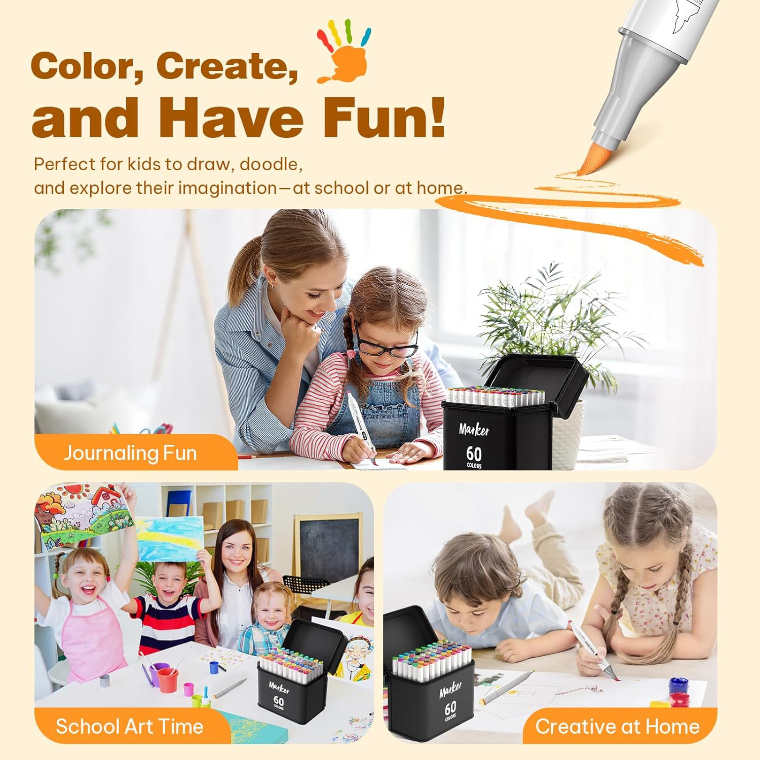 Sashion Alcohol Markers Brush Tip - 60 Colouring Markers Double Tipped Art Drawing, Alcohol Based Markers Set for Kids, Artist, Adult, Highlighter Pen Sketch for Painting, Sketching and Drawing image number 3