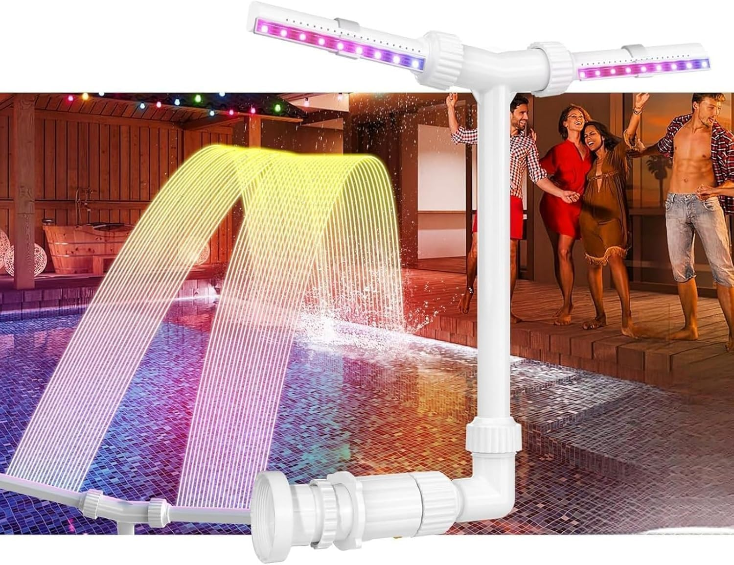 Solar Pool Fountain with Lights, for above and In-Ground Pool with 10-Color LED Lights, Control by APP, High-Pressure Waterfall, 360&deg;Adjustable Dual Spray Waterfall Sprinkler image number 2