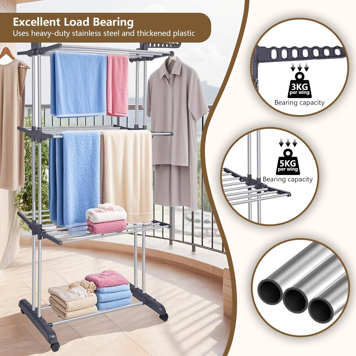 Drying Rack, 4-Tier Foldable Drying Rack with 4 Wheels for Drying Sheets, Towels and Clothes (67" High) Gray image number 1