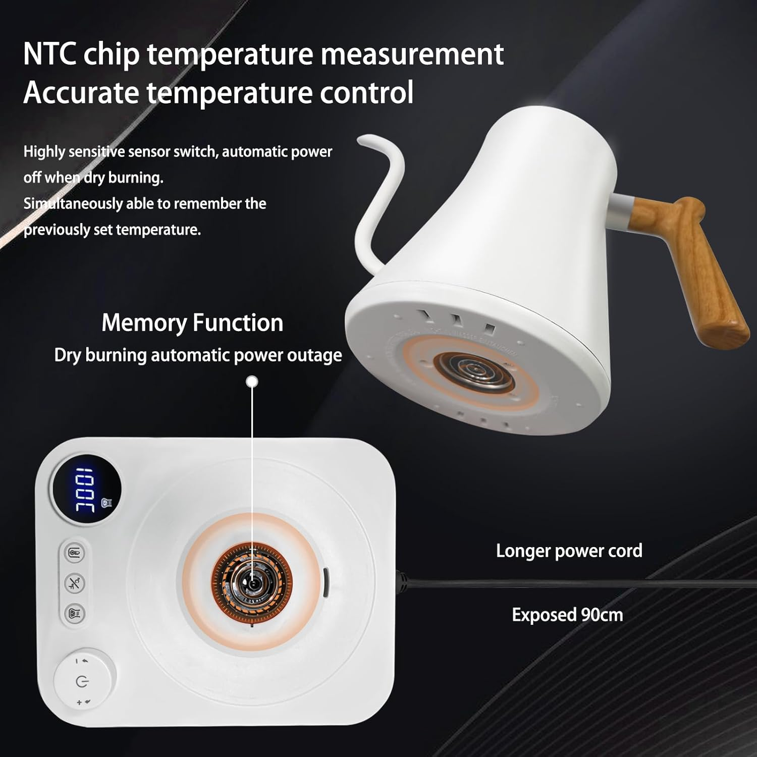 Electric Gooseneck Kettle 0.9L with LCD Display, 304 Stainless Steel Pour-Over Coffee & Tea Hot Water Boiler, Automatic Temperature Control, 1200W Quick Heating Tea Pot White image number 4