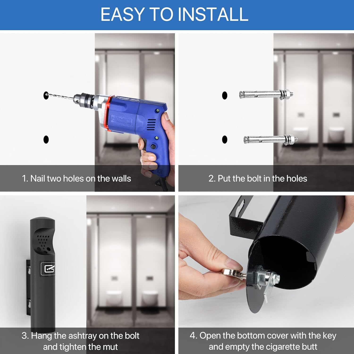 Outdoor Cigarette Ashtray, Wall Mounted Butt Receptacle, Commercial Disposal Container, Smokers Outpost for Patio - Stainless Steel