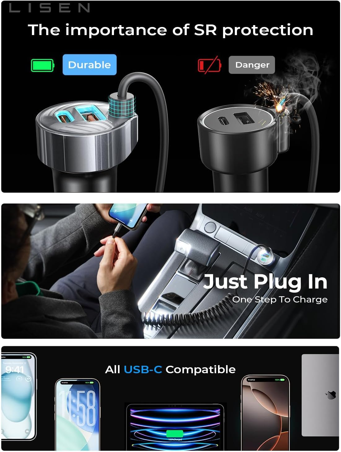 LISEN 90W for Iphone 17 16 15 Pro Max Car Charger USB C Fast Charge,Super Fast for Iphone 15 16 17 Pro Car Charger Type C Adapter Fit Iphone 17 16 15 Air Promax Plus,Samsung,Pixel,Valentines Day Gifts image number 4