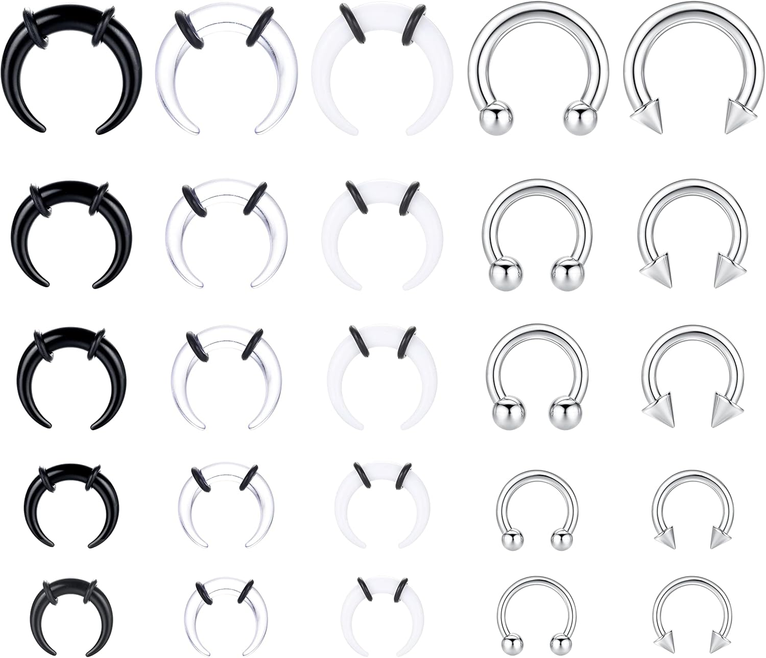 Kakonia 25Pcs 14G-6G Septum Pincher Tapers Horseshoe Septum Rings Acrylic& 316L Stainless Steel Internally Threaded Spike Ball Circular Barbell Ear Nose Septum Stretching Kit for Women Men image number 3