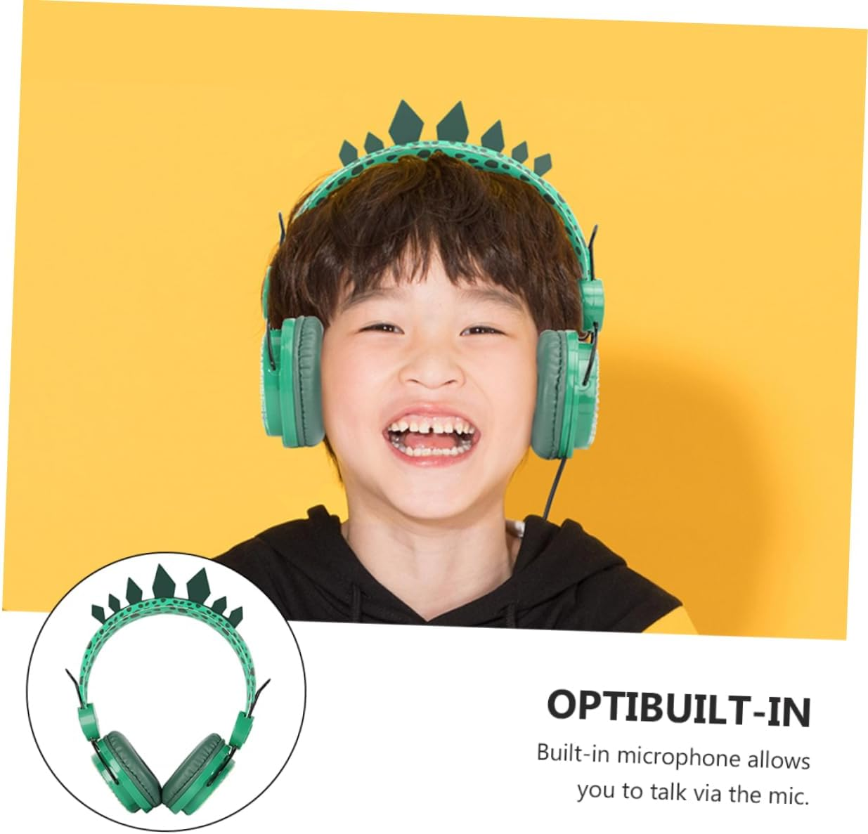 SHINEOFI Children On-Ear Headphones with Microphone for Boys and Girls, Dinosaur Cartoon Design, Wired Over-Ear Headset Suitable for School and Computer Use, Green Color image number 1
