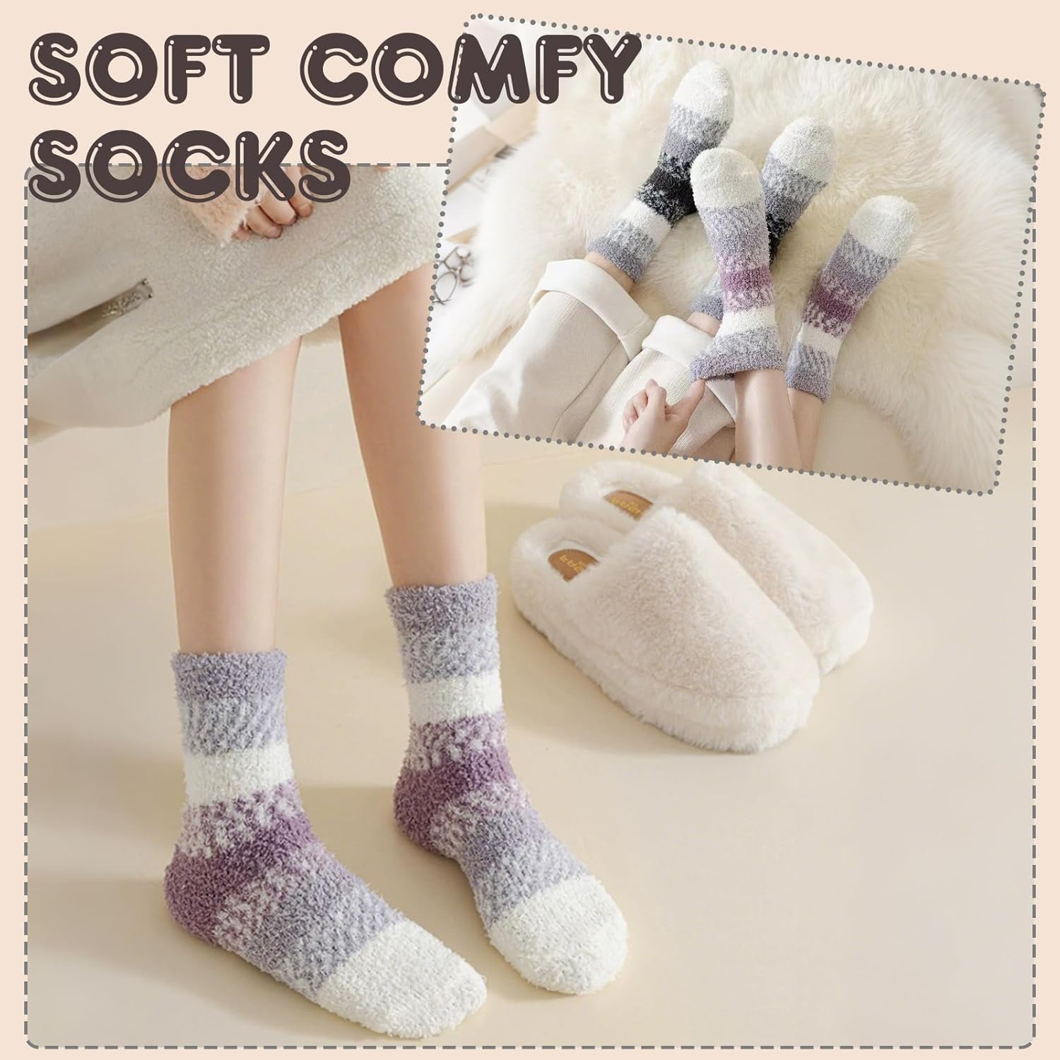 3 Pairs Women'S Fluffy Fuzzy Winter Warm Socks Soft Cozy Plush Slipper Socks for Cold Weather - Grey+Khaki+Navy image number 4