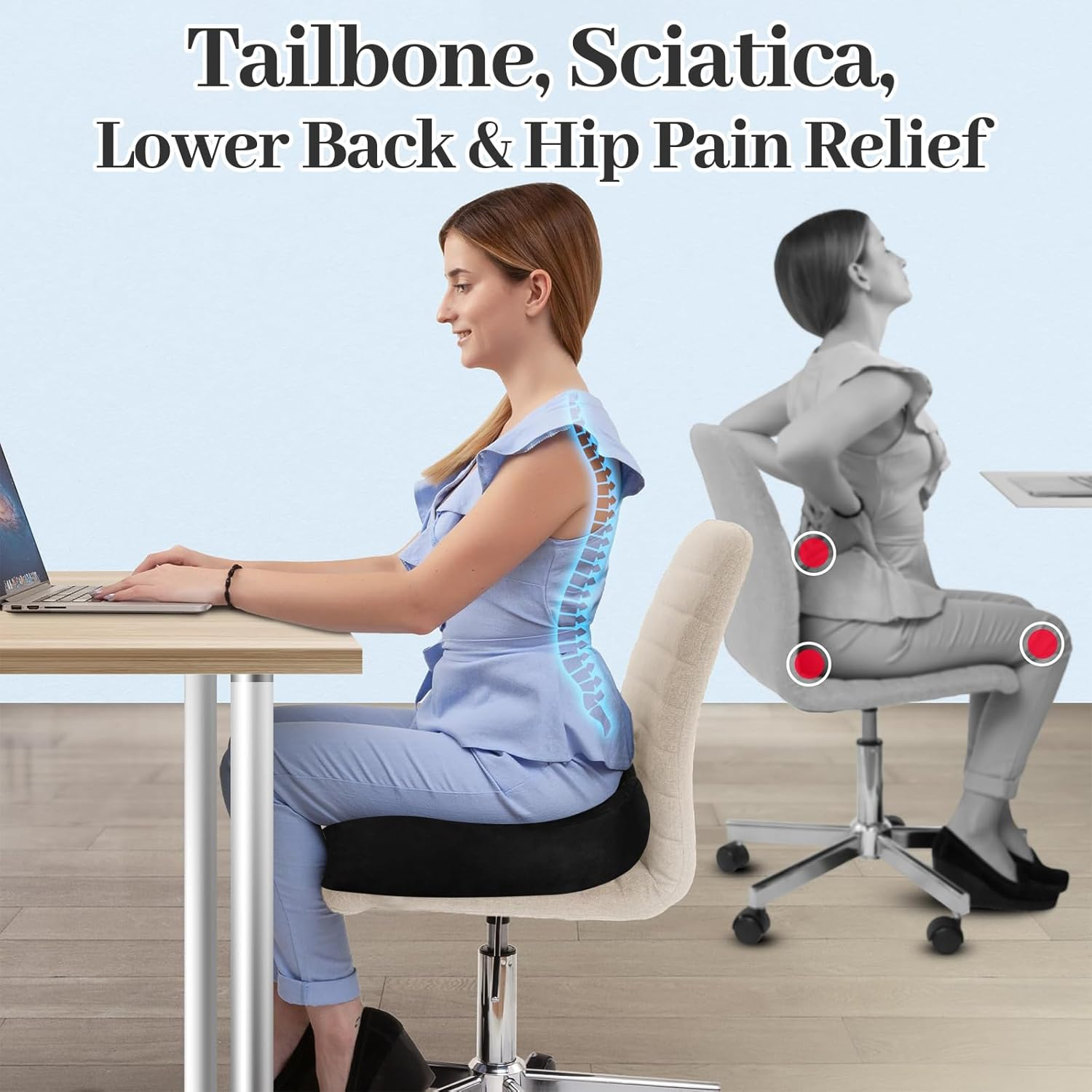 Car Seat Cushion, Memory Foam Office Chairs Cushions, Tailbone Pain Relief Padded, Sciatica & Back Support Butt Pillow for Car, Office Chair Cushion & Car Seat Cushion (Black) image number 3