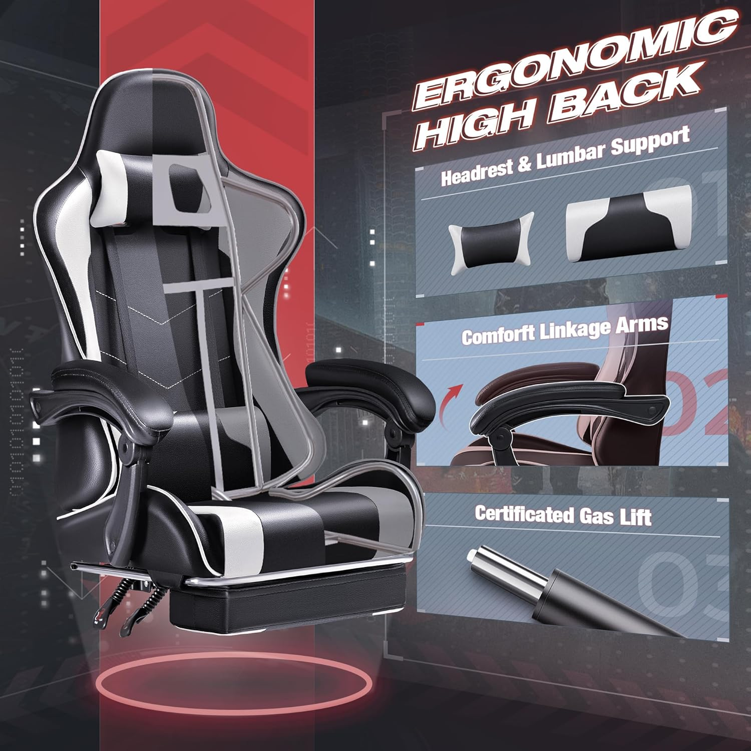 Furmax Gaming Chair, Video Game Chair with Footrest and Massage Lumbar Support, Swivel Seat Height Adjustable Computer Chair with Headrest, Racing E-Sport Gamer Chair - Black image number 5