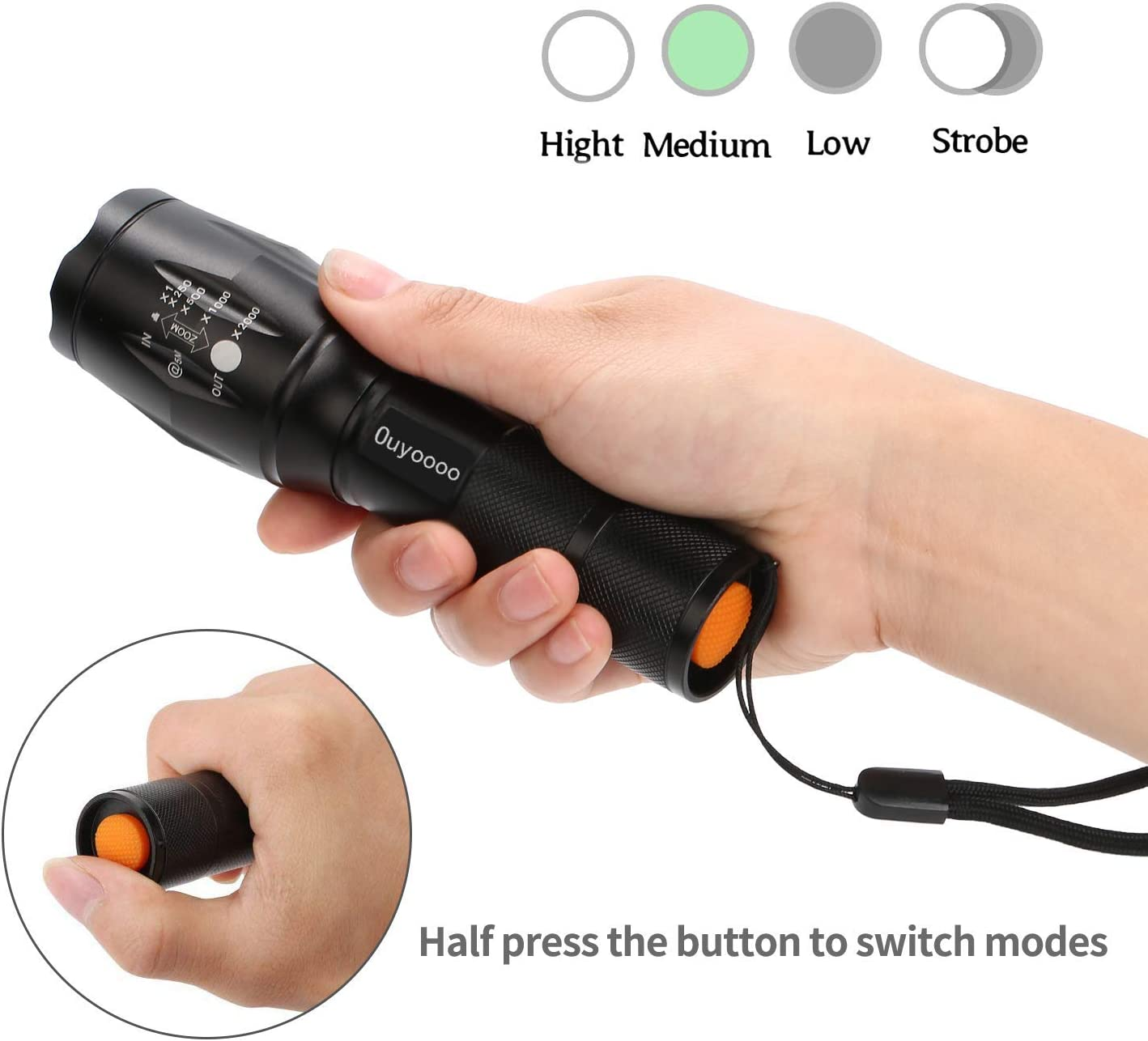 [2 Packs] LED Torches, OUYOOOO High Lumens XML T6 Flashlights with Adjustable Focus and 5 Light Modes, Water Resistant Torch for Emergency, Power Outage, Camping, Hiking - A76 - Black image number 3