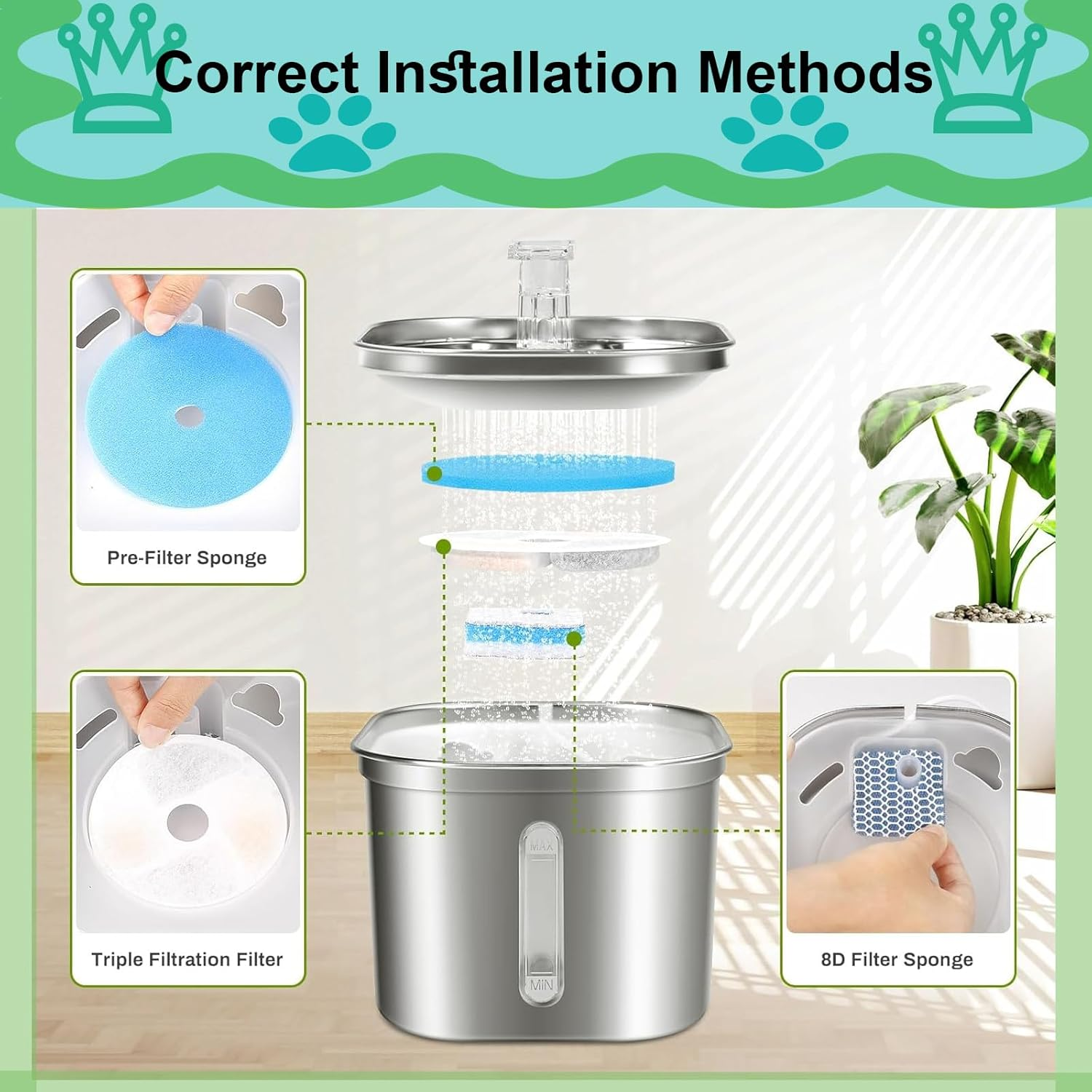 Cat Water Fountain Filter,Cat Fountain Filter Replacement for Square 2.2L/73Oz Stainless Steel Pet Water Fountain,5 Pack Pet Fountain Filter Replacement image number 2