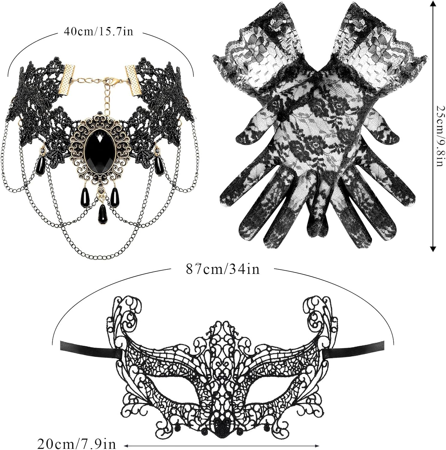 6 Pcs Masqueraders Mask Set Black Lace Eyemask Necklace Gloves Costume Accessories Party Halloween Jewelry for Women image number 1