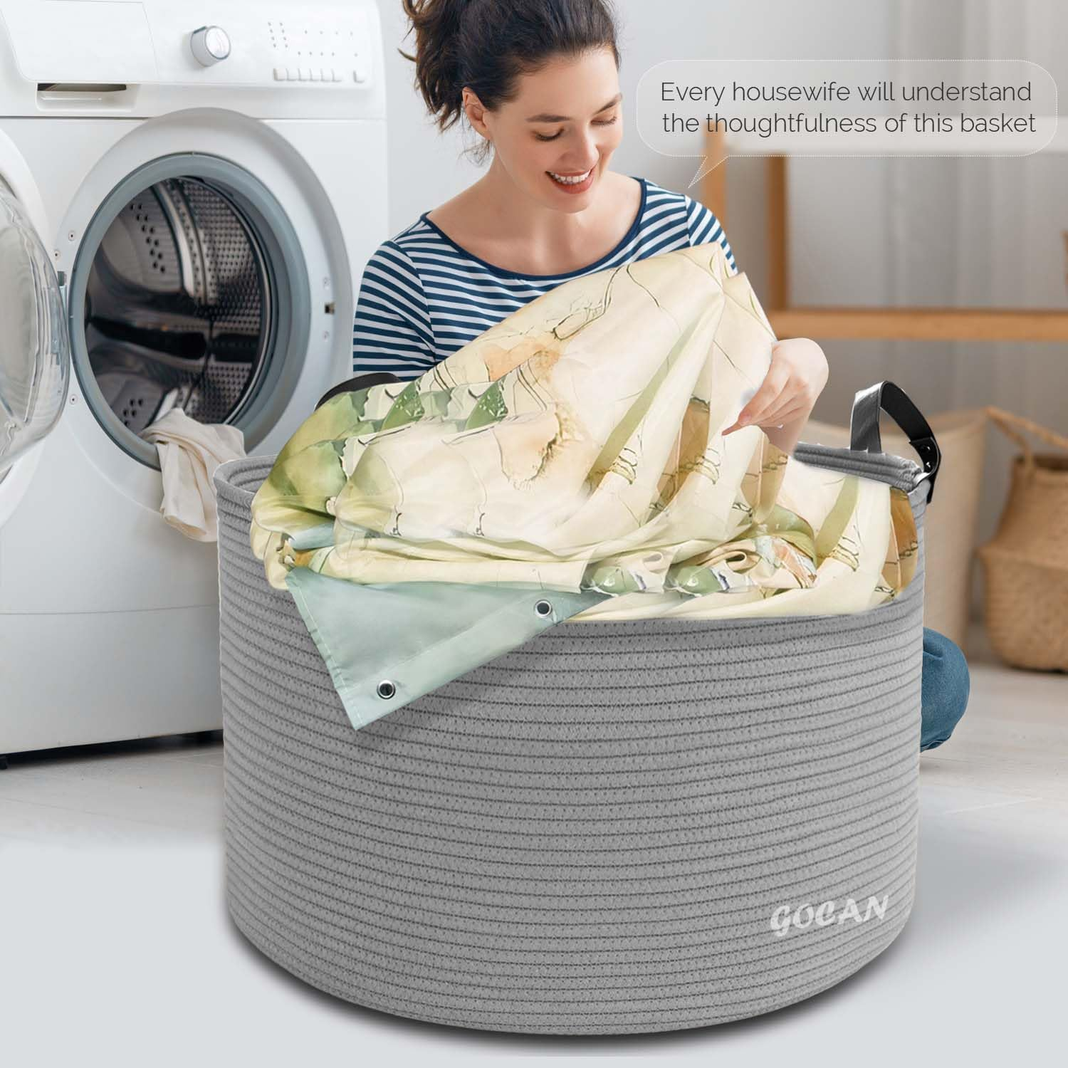 Extra Large Storage Laundry Basket 22" X 22"X 14" Cotton Rope Woven Basket for Blanket Basket with Handles for Living Room Toys Storage XXXL (Gery) - Dkgrey image number 2