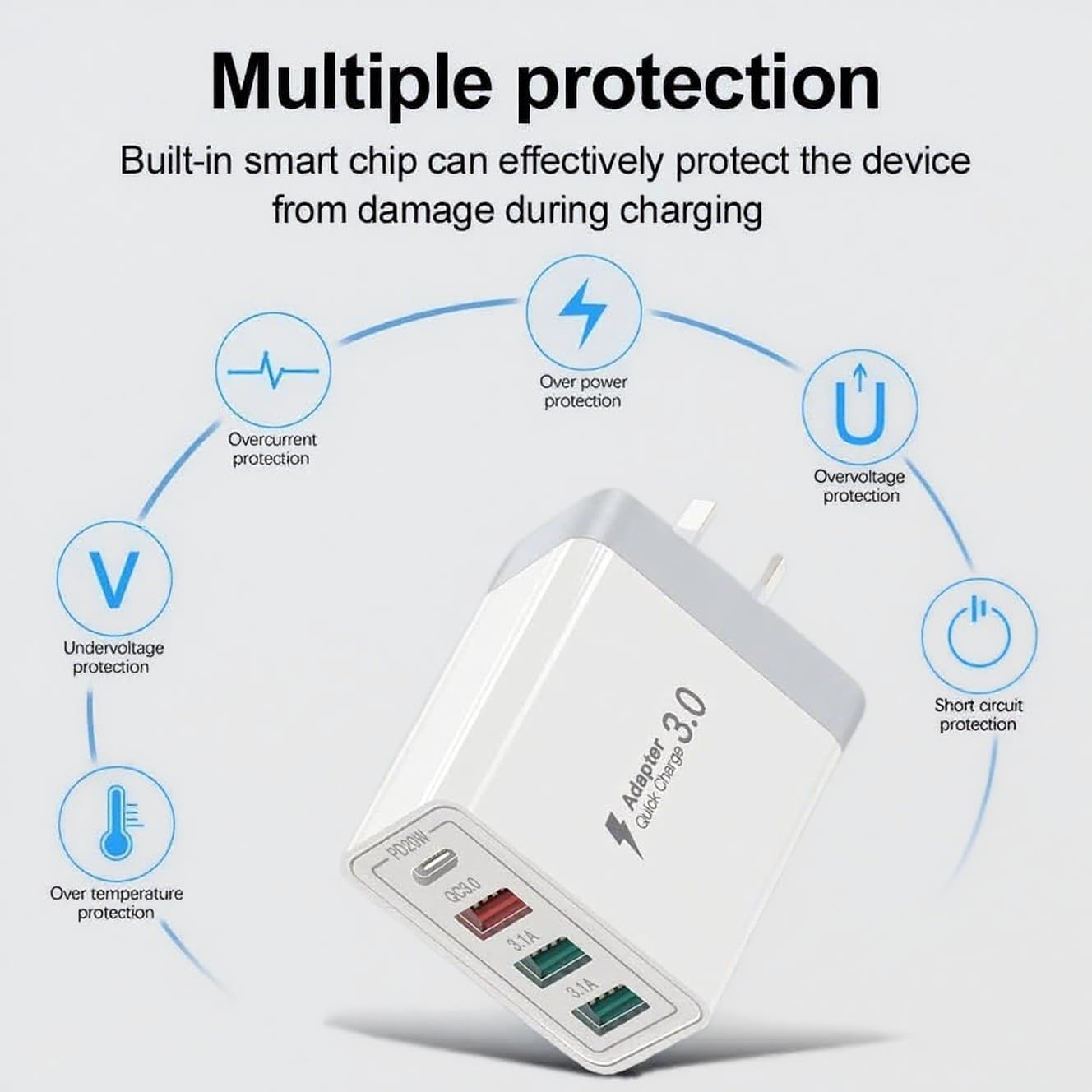 USB Wall Charger,35W QC 3.0 4 Ports USB Power Adapter[20Wpd+Qc3.0+3.1A], Fast Charger Plug Compatible with Iphone 14/13/12/11/Xs/Xs Max/Xr/X/Samsung Galaxy S23/S22/S21/S20/Google Pixel and More - 4-Port Usb C image number 3