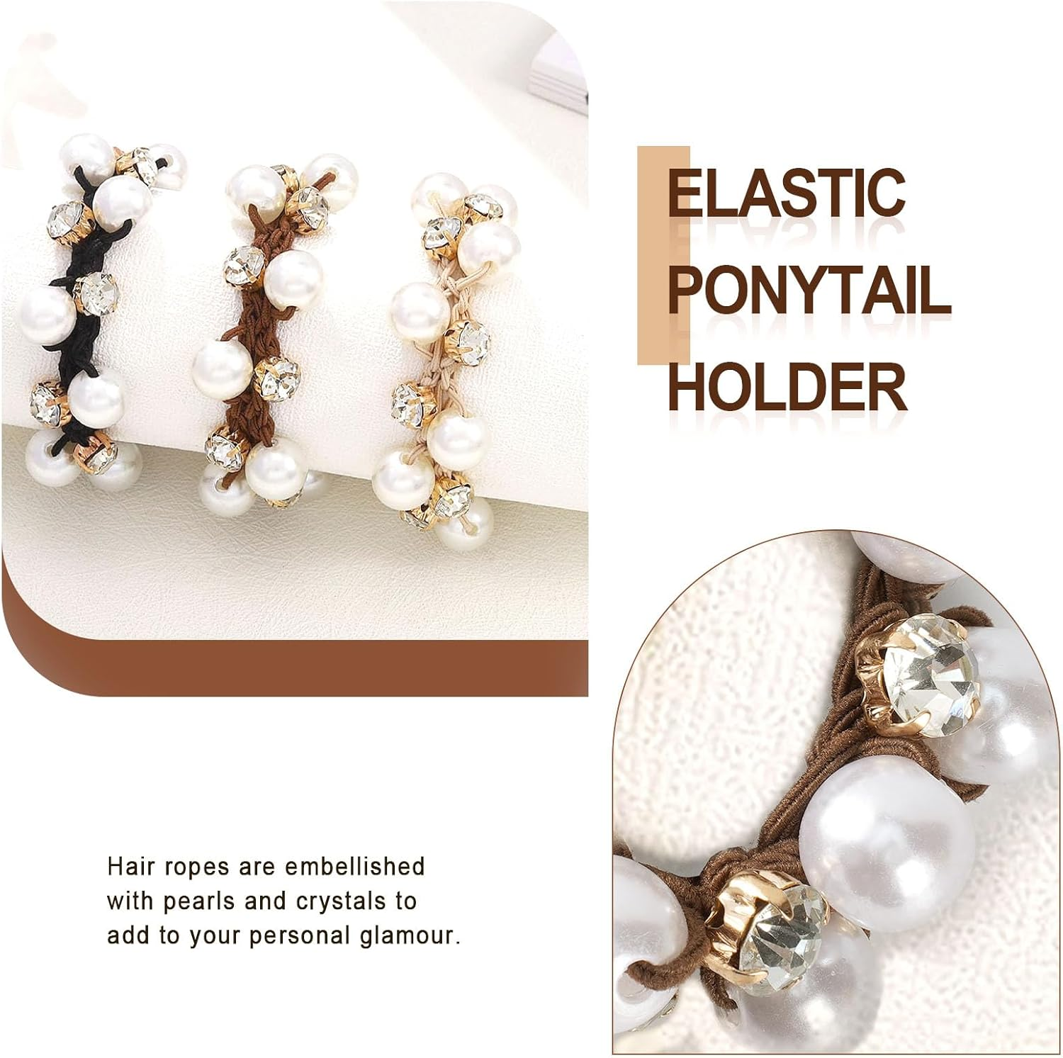 OT-NVWOZR Pack of 6 Women'S Hair Bobbles, Pearl Hair Accessories, Crystal Scrunchies, Elastic Ponytail Holder, Strong Hair Bands, Stretchy Headbands, Birthday for Women and Girls image number 2