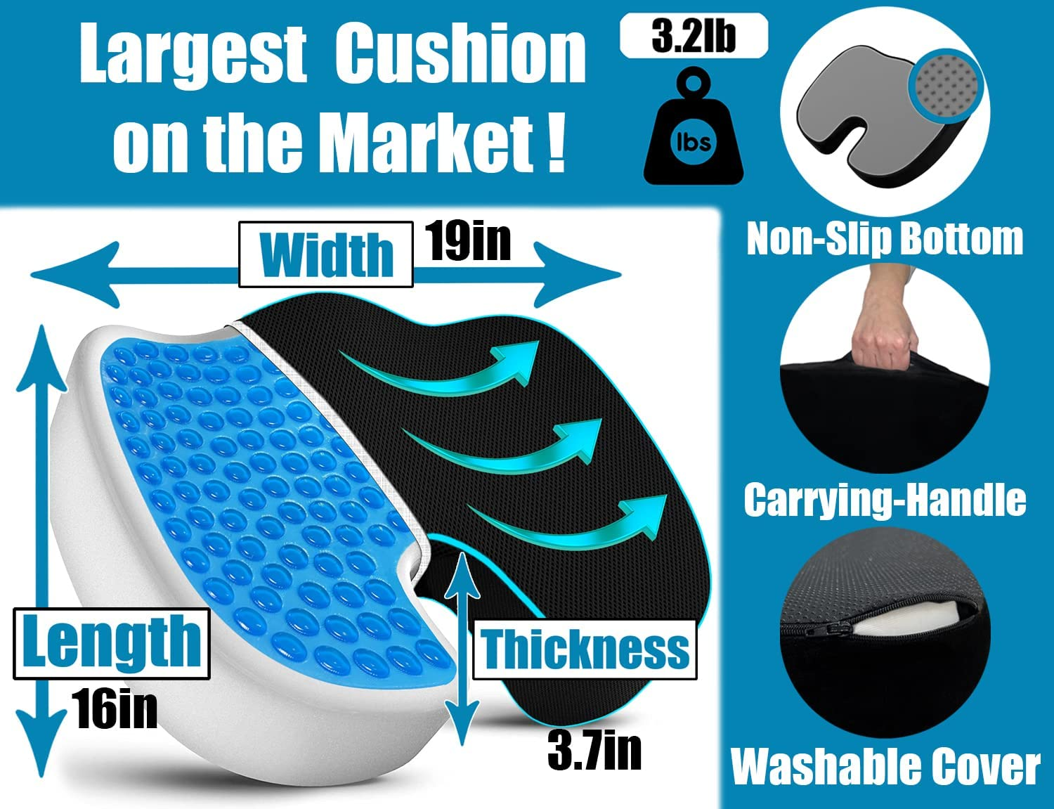 Coccyx Extra Large Memory Foam Gel Sitting Pillow for Back Pain, Sciatica and Tailbone Relief - Perfect Fit for Office and Kitchen Chair, Wheelchair, Car, Truck (Xl-Black)