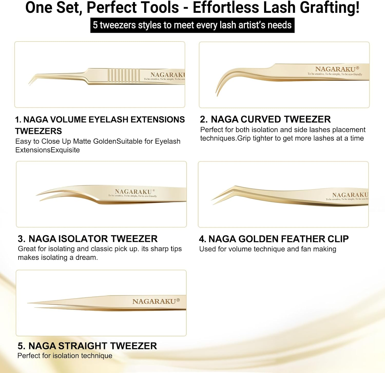 NAGARAKU 5 PCS Tweezers for Eyelash Extensions Straight and Curved Precision Professional Volume Easy Fanning Lash Precise Point Lash Tweezers with Storage Case Bag image number 6
