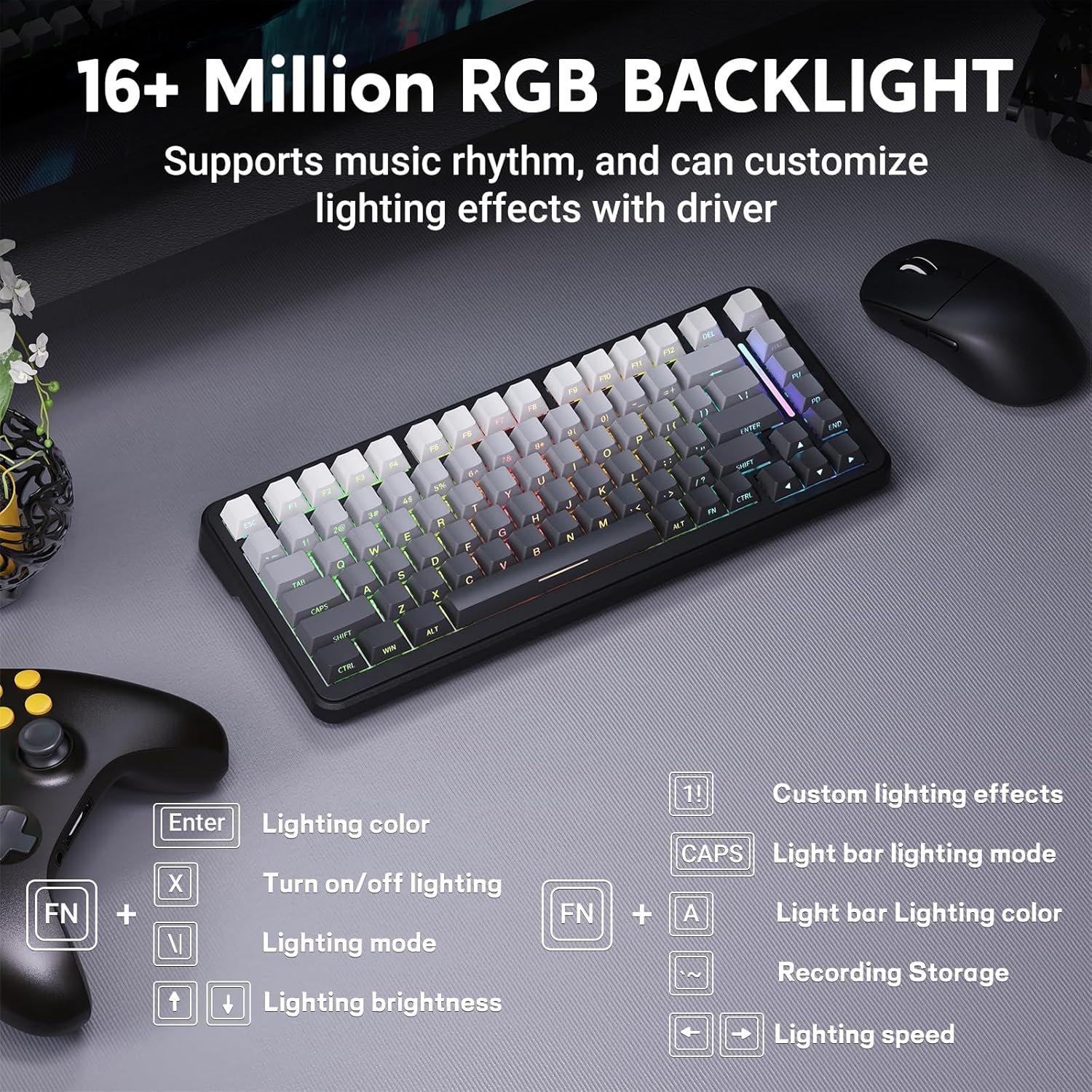ATTACK SHARK M86 Jointed Mechanical Keyboard, 75% Tri-Mode RGB Wireless Gaming Keyboard (BT/2.4G/USB-C), Side Engraved, Hot Swappable, Pre-Lubricated Linear Switches, 4000Mah-Gradient Black - Gradient Black image number 5