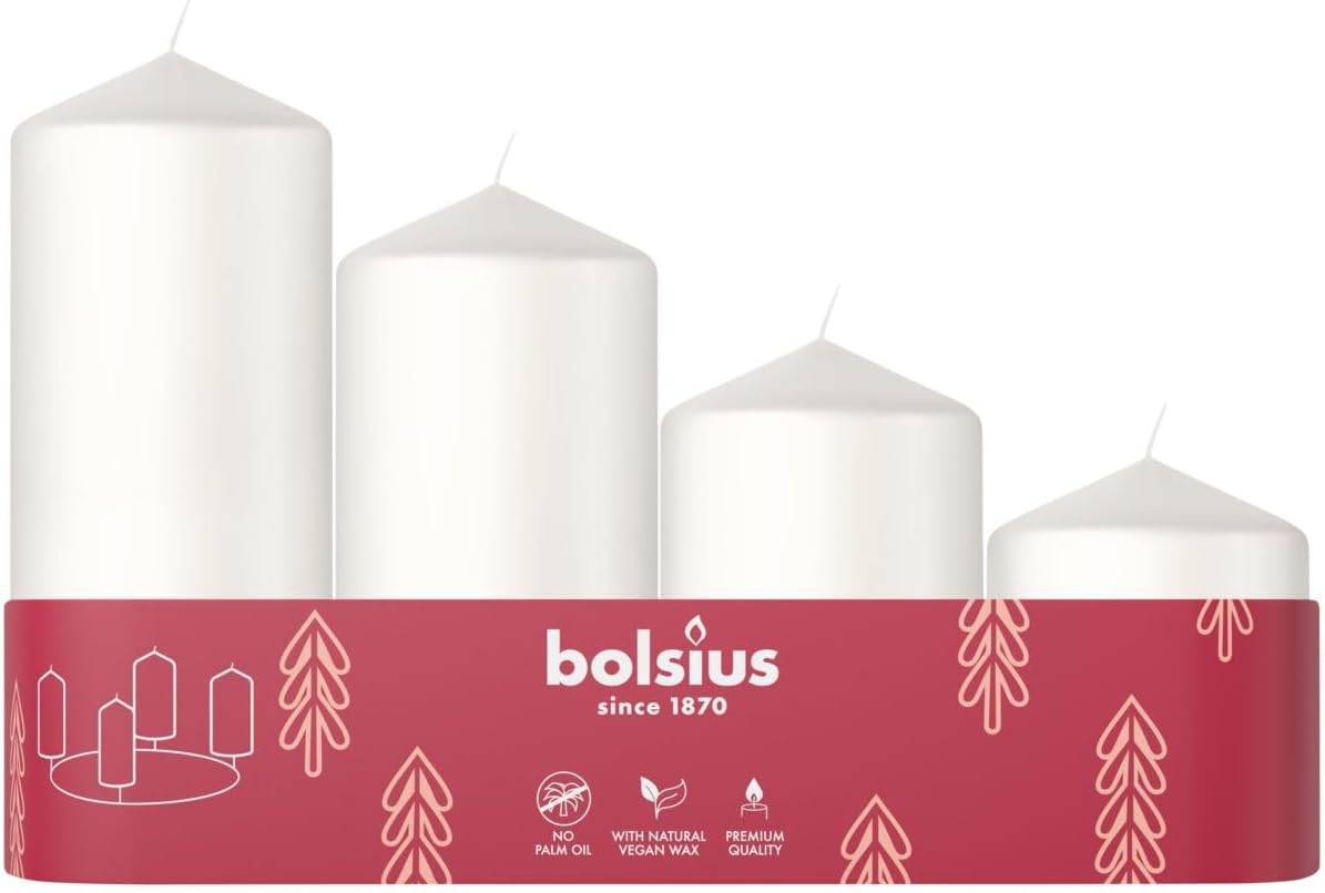 Bolsius Smooth Pillar Candles - Set of 4 - Advent Season - White - Various Sizes - Decorative Household Candles - Long Burning Time - Unscented - with Natural Plant Wax - without Palm Oil - Advent image number 3
