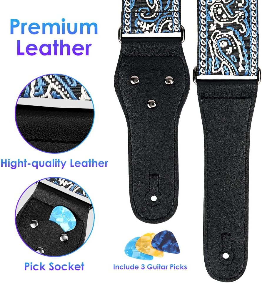 AUTOWT Guitar Strap, Vintage Embroidered Cotton Guitar Straps with Genuine Leather Ends for Bass Electric & Acoustic Guitars with Strap Locks Headstock Buttoned Tie Headstock Lace Tie 3 Guitar Picks image number 5