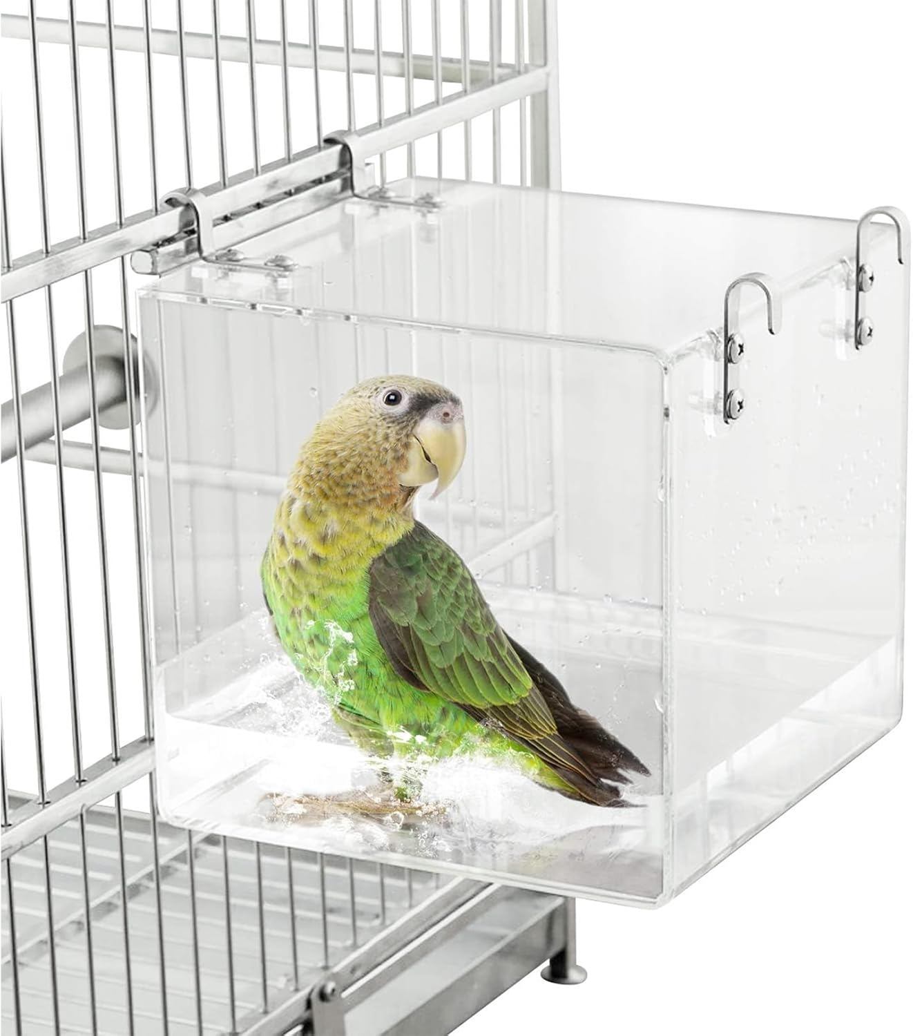 FUNNTY Acrylic Hanging Bird Bath Cage Bird Bathtub Bath Shower Box No-Leakage Bird Bathtub Bird Feeder Cage Bathtub Box for Parakeets Small Bird Parakeets Parrot with 4 Hooks（ 11X13X13Cm）