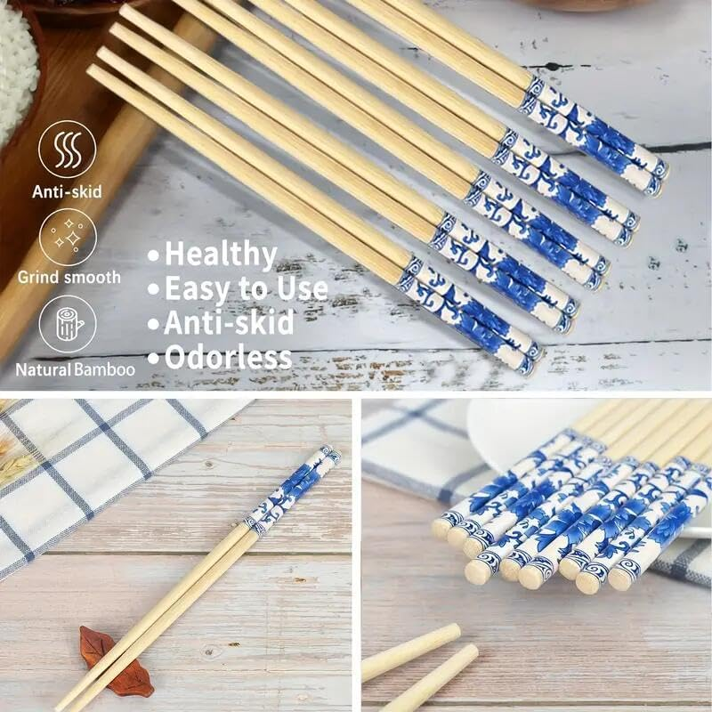 WOYAODONG 50 Pairs Disposable Blue Flower Bamboo Chopsticks, Restaurant, Individual Package Chop Sticks, Japanese Food, Thai Food, Chinese Food, Asian Food image number 1