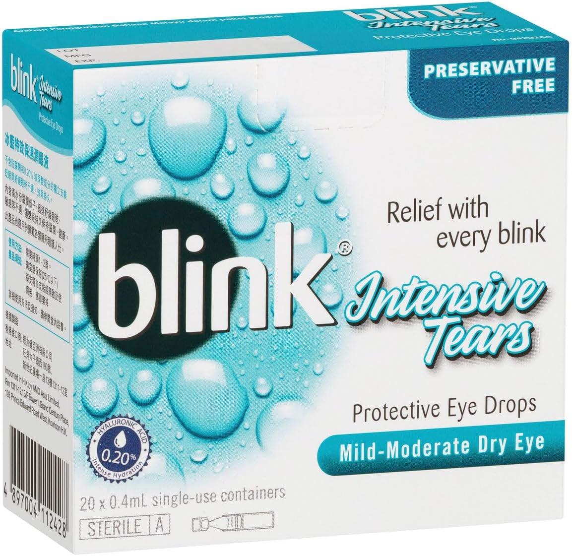 Blink 0.20% Intensive Tears Protective Eye Drops 0.4 Ml (Pack of 20) image number 1