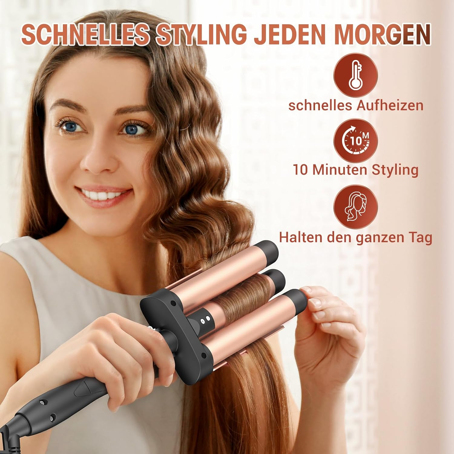 3 Barrels Beach Waves Curling Iron - Ceramic Curler 3 Wavy Head, 2 Temperatures, Fast Heating Waffle Wavy Hair, Suitable for Long and Short Hair, Pink image number 5