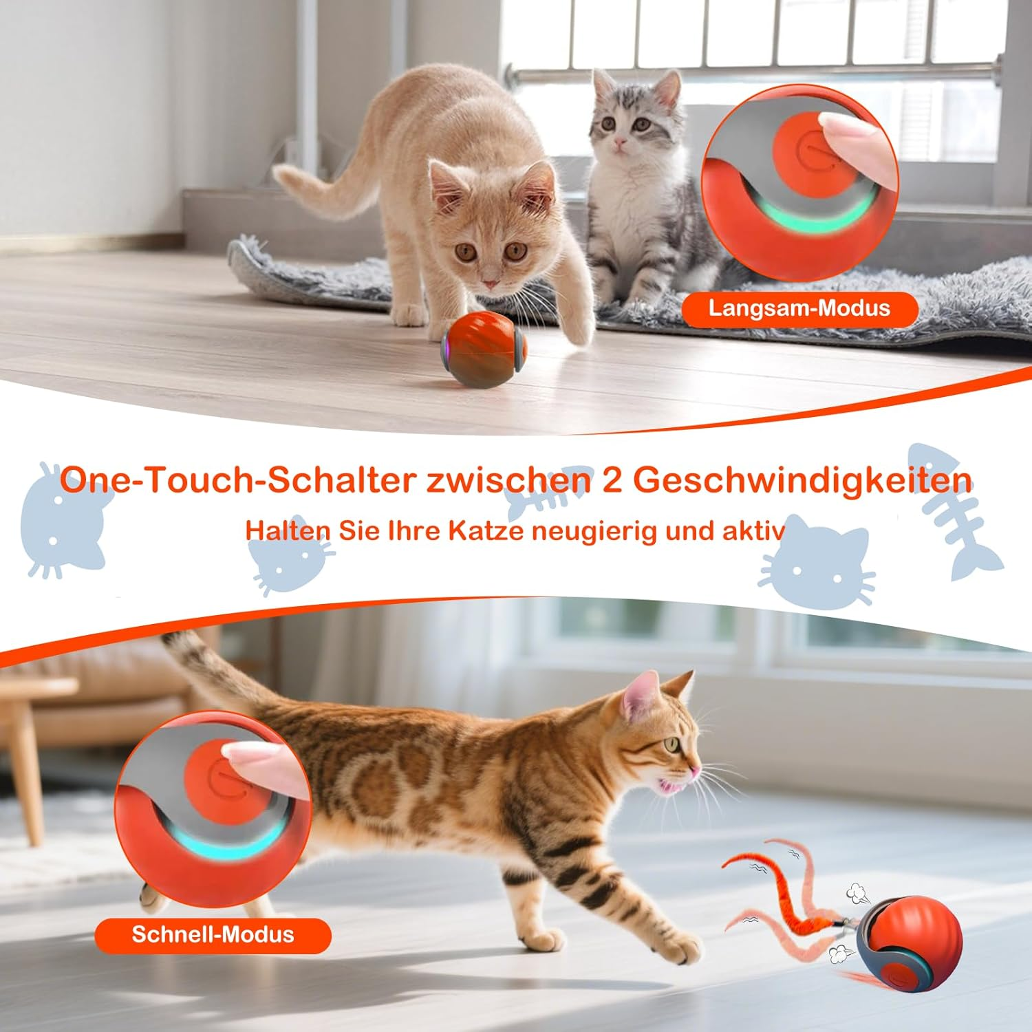 Interactive Cat Toy, Cat Ball, Electric Cat Toy with USB, Two Working Modes, Cat Toy with 3 Replacement Tails, Intelligence Toy for Cats (Orange) image number 3
