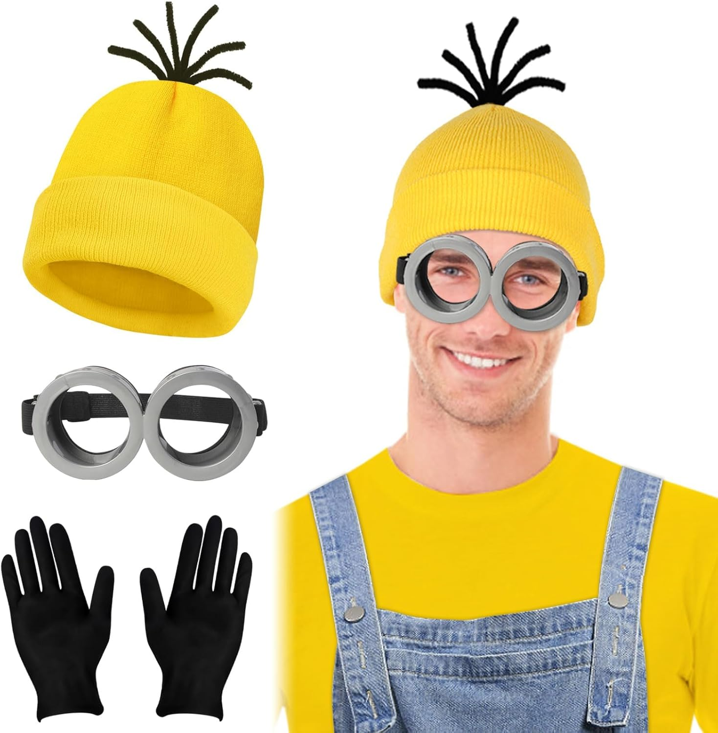 AUTOWT Yellow Halloween Costume Accessories Adult, Halloween Fancy Dress-Up Outfit with Beanie Knit Hats Goggles Gloves Tutu Skirt for Men Women Cosplay Holiday Xmas Party - Yellowblue 5Pcs image number 6