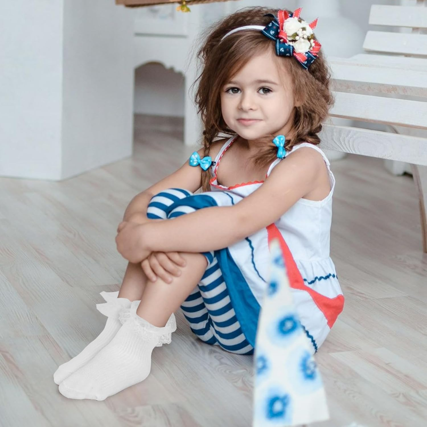 Baby Girls Socks Eyelet Double Lace Ruffle Socks Cotton Turn Cuff Frilly Sock for Preemie Newborn Infant Toddler image number 5