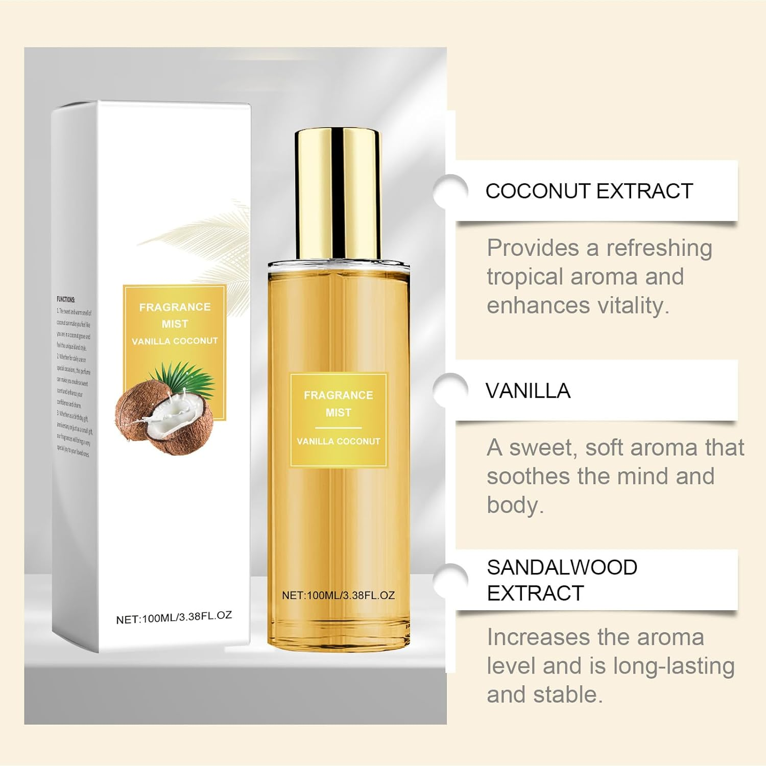 Vanilla Coconut Fragrance Mist, Long Lasting Hair and Body Mist, Body Spray Perfume Women, Long-Lasting Fragrance, Vanilla Coconut Passion Body Spray, Lightweight & Refreshing, for Women & Men (2Pcs) - 2Pcs image number 4