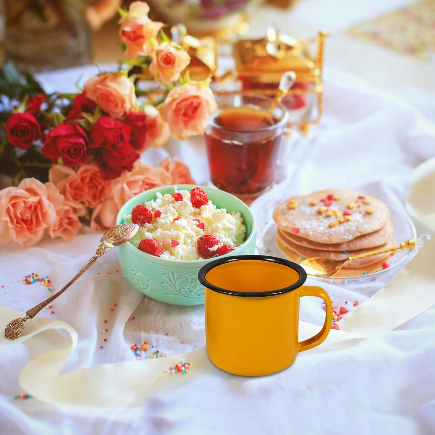 Yardwe 2 Pack Enamel Camping Coffee Mug Camp Mug Small Tiny Metal Enamelware for Indoor, Outdoor Hiking, Travel, Fishing, Picnics (Yellow, Blue) - Red, White image number 5