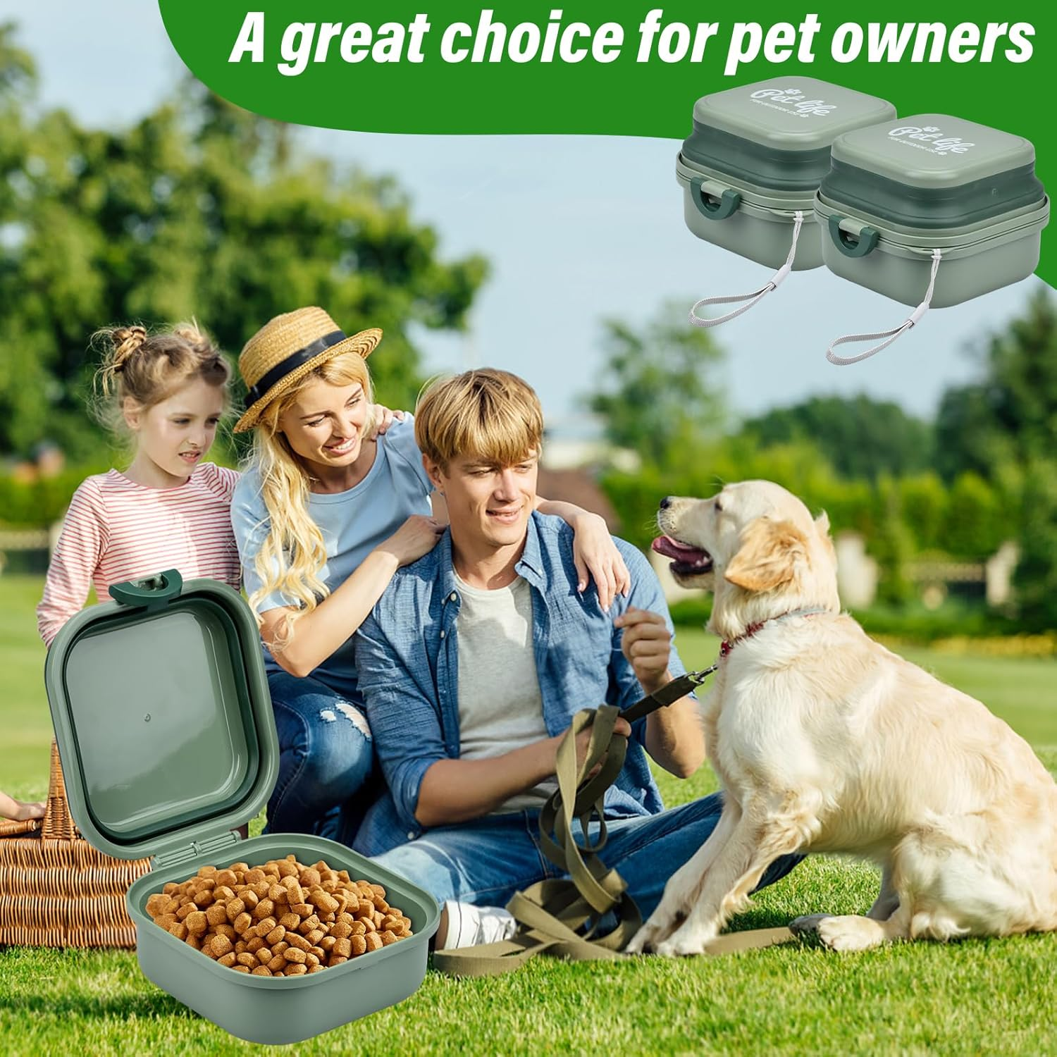 Portable Foldable Dog Bowl, 400 + 400 Ml, 2-In-1 Food Bowl, Travel Bowl, Dogs with Lid and Carabiner for Dogs and Cats, for Travel or at Home, Green