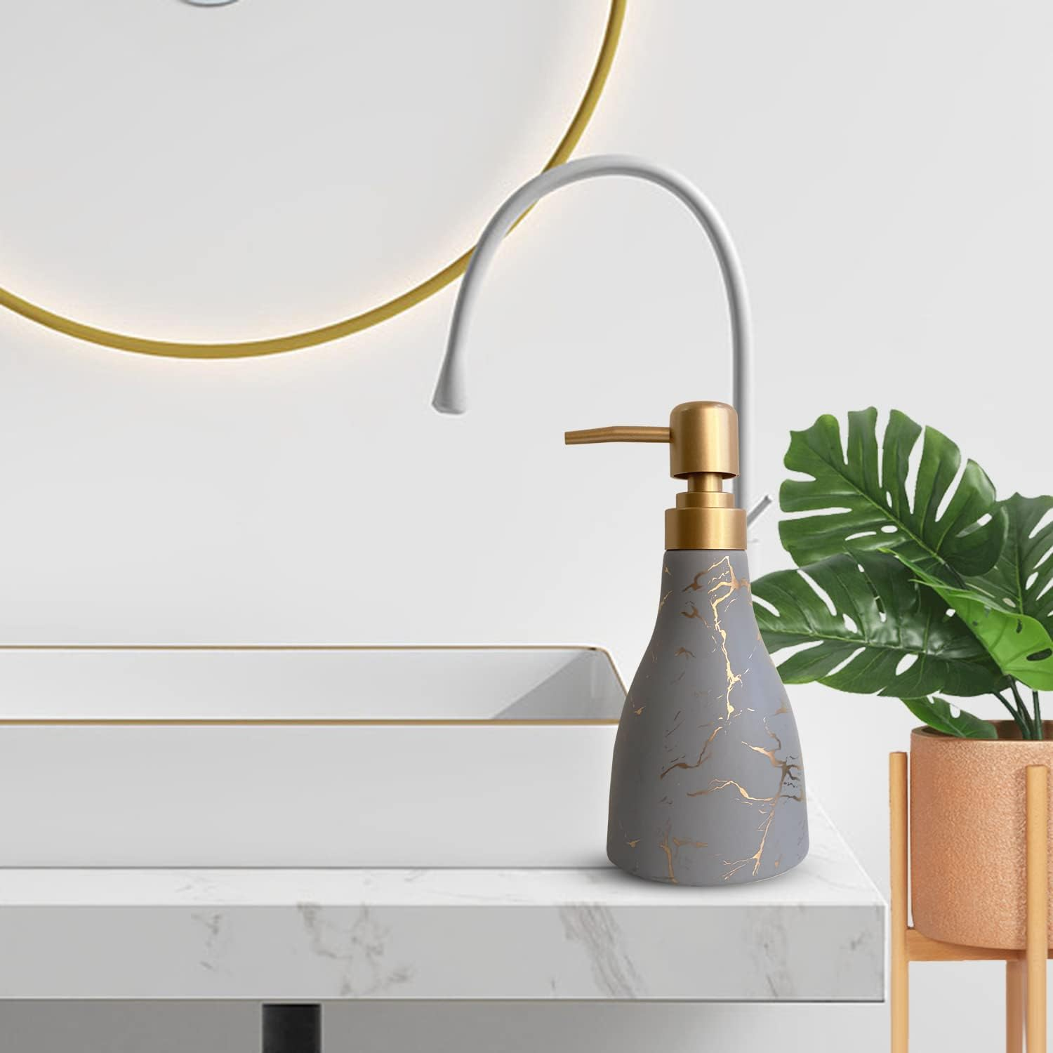 Grey Ceramic Soap Dispenser for Bathroom & Kitchen with Marble Pattern Liquid Hand Dispenser Pump Bottle (Grey) - Khaki image number 2