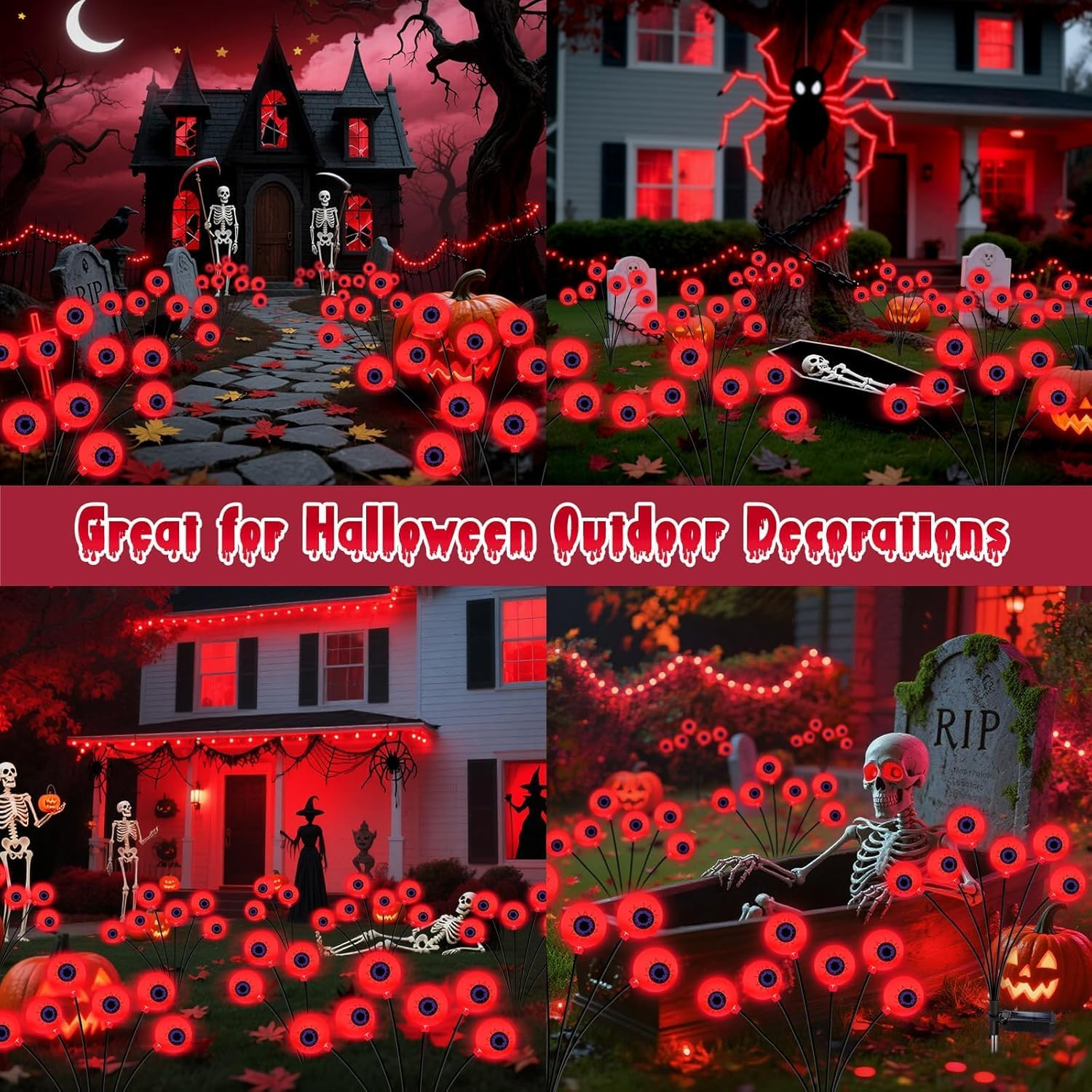 2-Pack Solar Halloween Eyeball Lights - 16 LED Green Outdoor Pathway Lights with 2 Modes, Swaying Firefly Effect, Waterproof Decor for Garden, Yard & Lawn (RED) image number 1